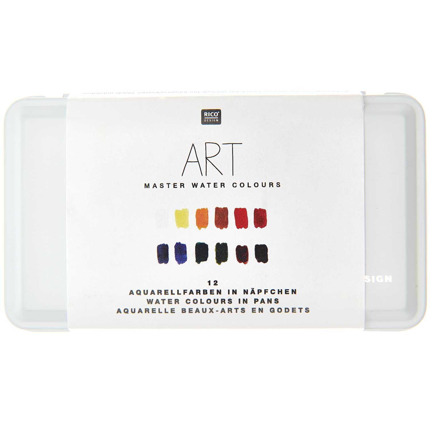 ART Master Aquarellfarben 12 Farben von Rico Design in einer weißen Box mit Farbmuster auf dem Deckel.