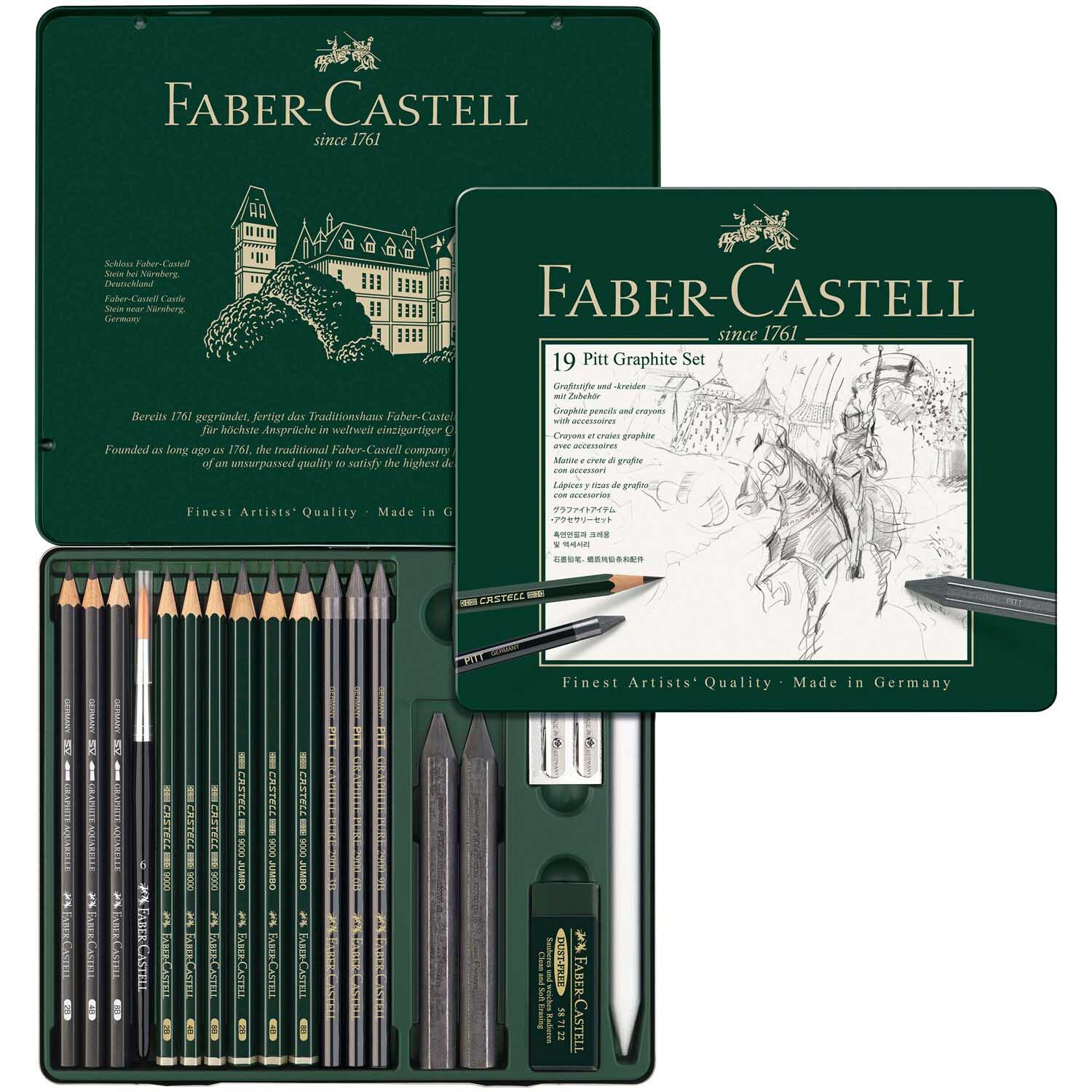 Pitt Graphite Zeichenset medium von Faber Castell, 19-teilig, in einer grünen Metallbox mit Stiften und Zubehör.