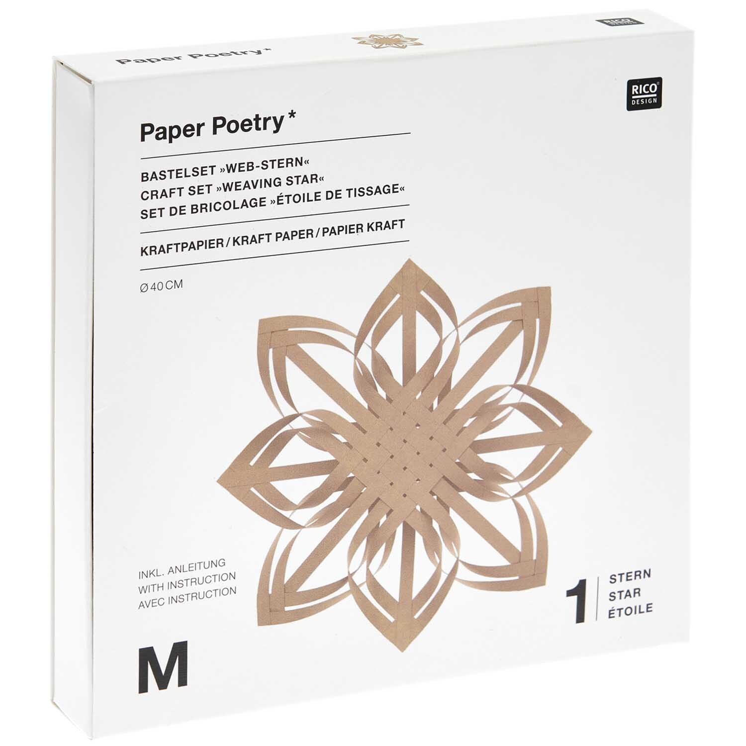 Paper Poetry Web-Stern Größe M aus Kraftpapier von Rico Design, ideal für kreative Bastelprojekte. Verpackung zeigt das fertige Stern-Design.