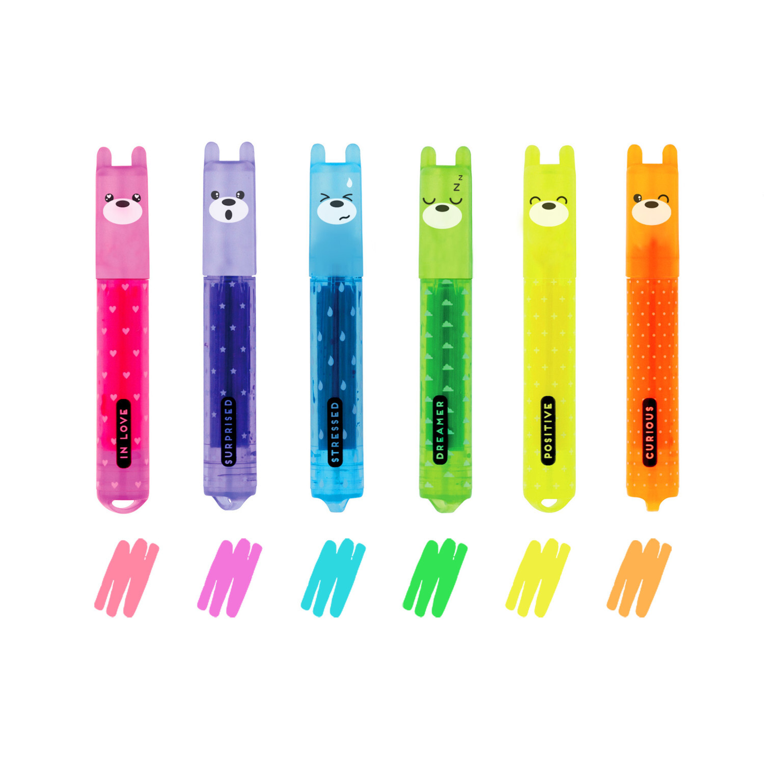 Textmarker Set Teddy's Mood: Sechs bunte Textmarker mit Tiergesichtern von Legami, ideal zum Hervorheben.