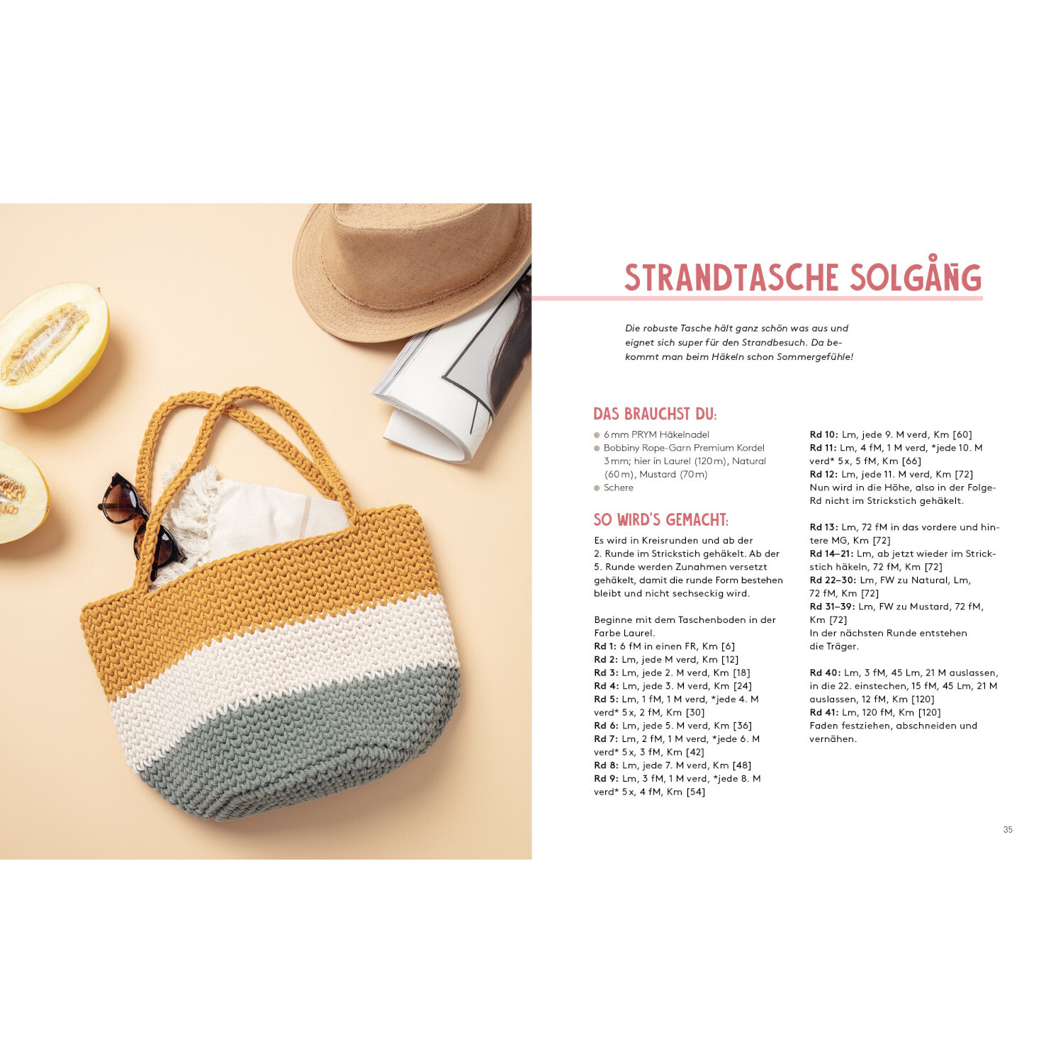 Strandtasche Solgång: Gehäkelte Tasche in Gelb, Weiß und Grau mit Seilgriffen, ideal für den Sommer.