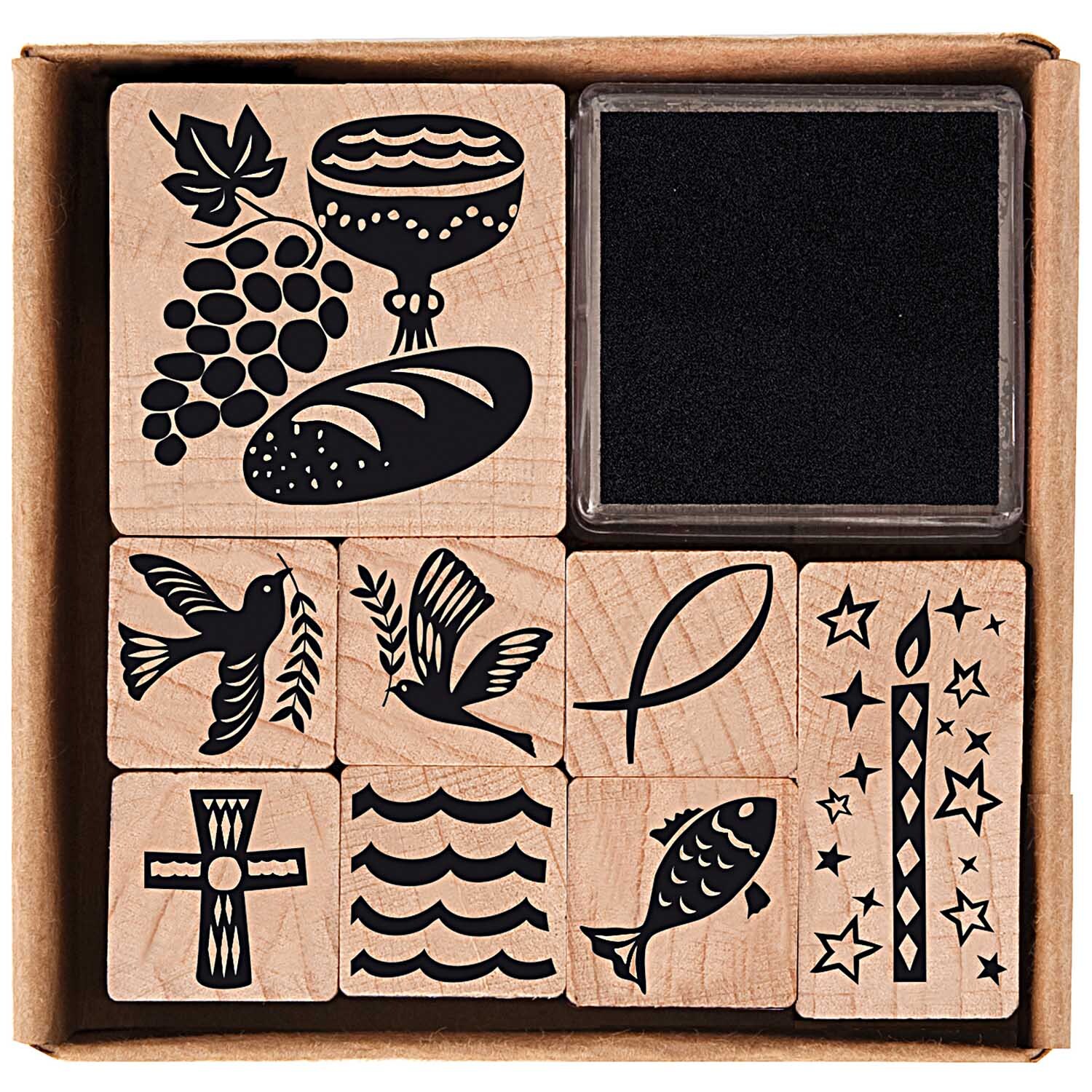 Paper Poetry Stempelset christliche Symbole, 9-teilig, von Rico Design mit Motiven wie Taube, Fisch und Kerze in einer Box.