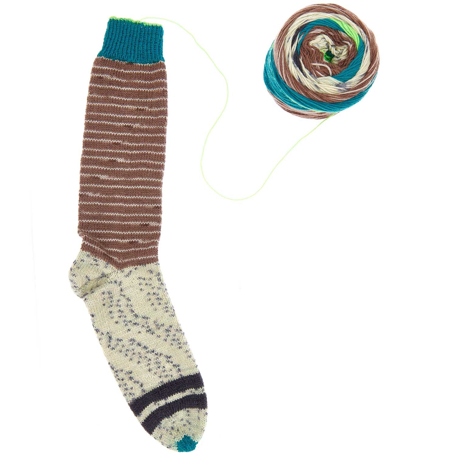 Superba Hottest Socks ever! 4fädig, gestrickte Socke mit Streifenmuster und passendem Wollknäuel von Rico Design.