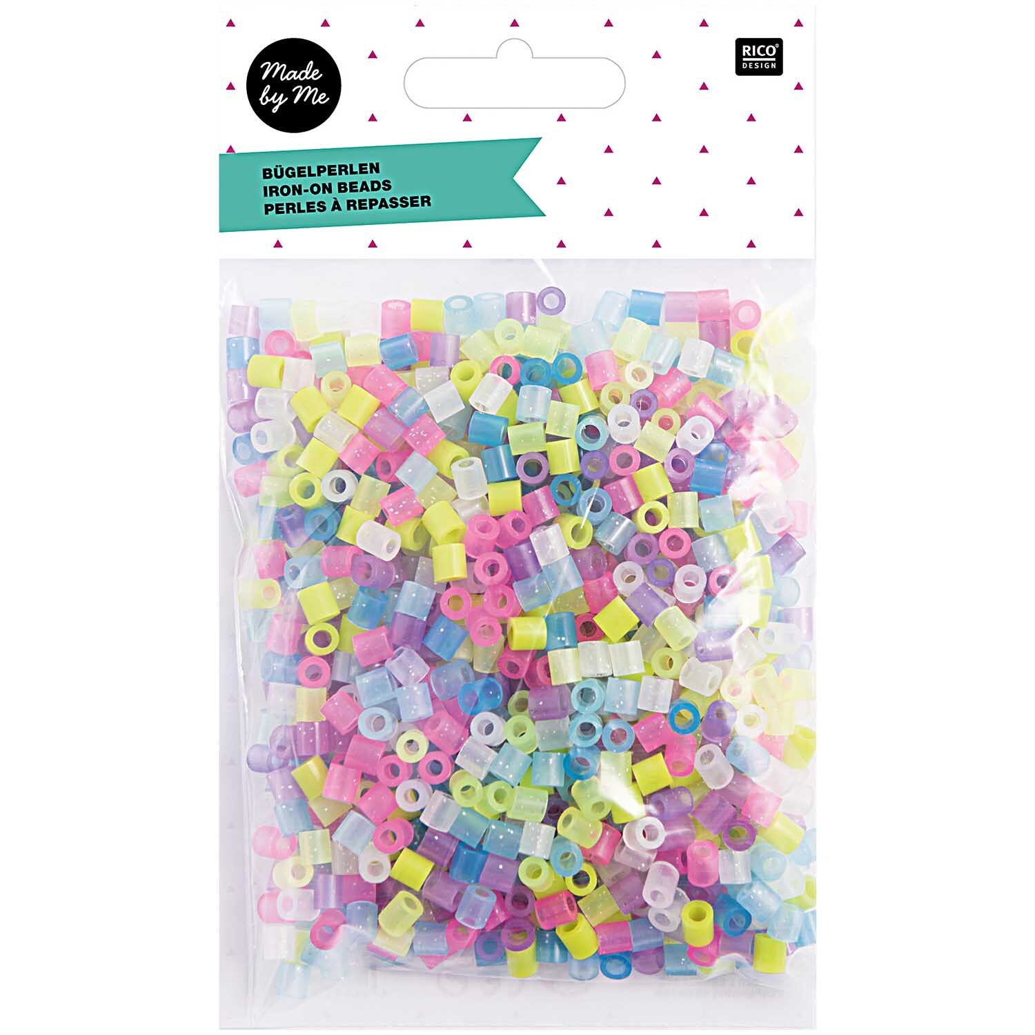Bügelperlen Glitter 5mm ca. 1100 Stück von Rico Design in einer Packung mit bunten Perlen. Ideal für kreative Bastelprojekte.