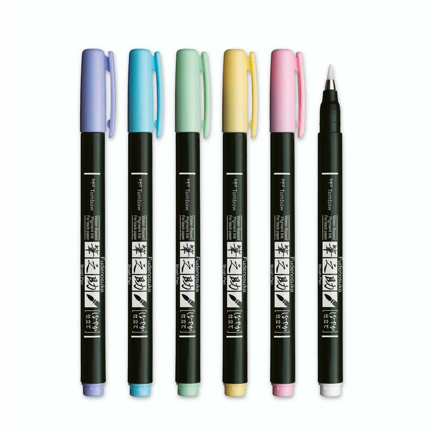 Fudenosuke Brush Pens Pastel, 6-teiliges Set von Tombow. Sechs Stifte in sanften Pastellfarben. Ideal für kreative Projekte.