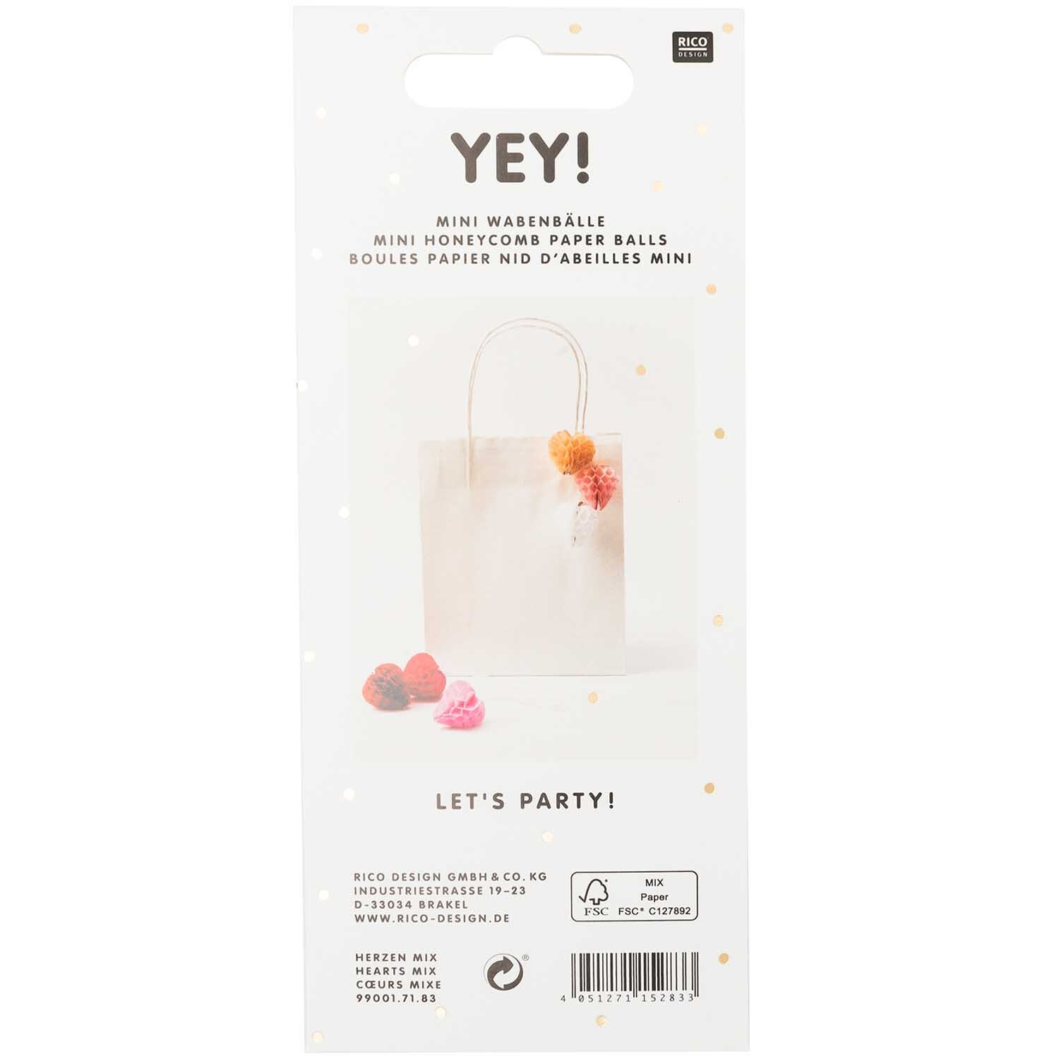 Mini-Wabenbälle Herzen 4cm 6 Stück: Eine weiße Geschenktüte mit bunten Wabenbällen von Rico Design. Perfekt für Partys.