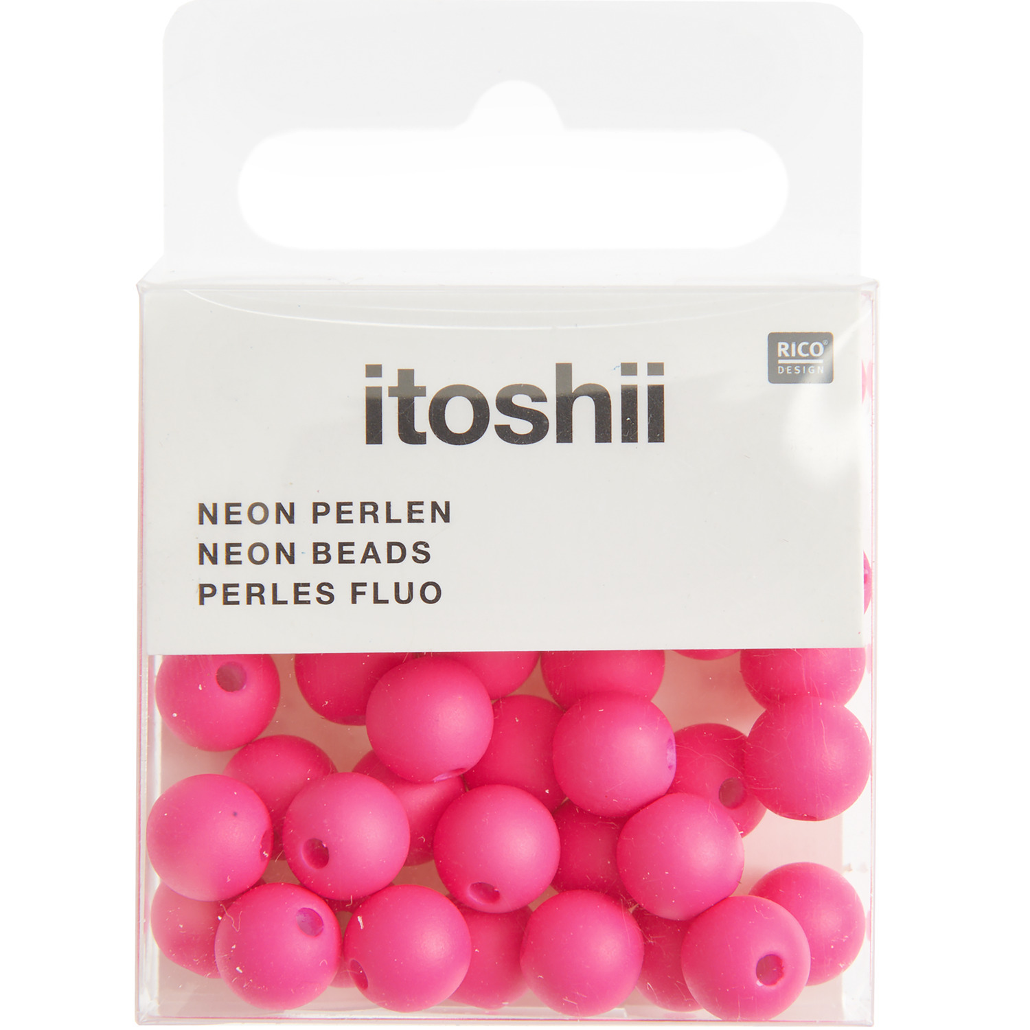 itoshii Kunststoffperlen neon 8mm 40 Stück, leuchtend pink, ideal für kreative Bastelprojekte. Verpackung von Rico Design.