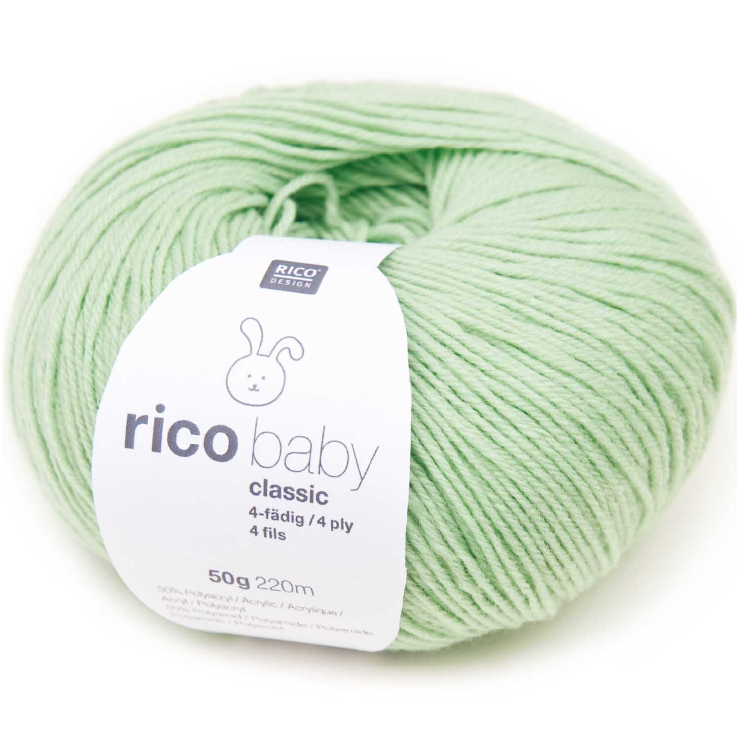 Rico Baby Classic 4fädig Garn in sanftem Grün, 50g Knäuel, 220m Länge, ideal für Strickprojekte.