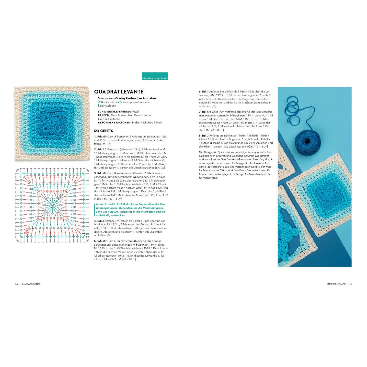 Musterbibel Granny Squares: Anleitung für blaue Häkelquadrate mit Garn und Häkelnadel auf blauem Hintergrund.
