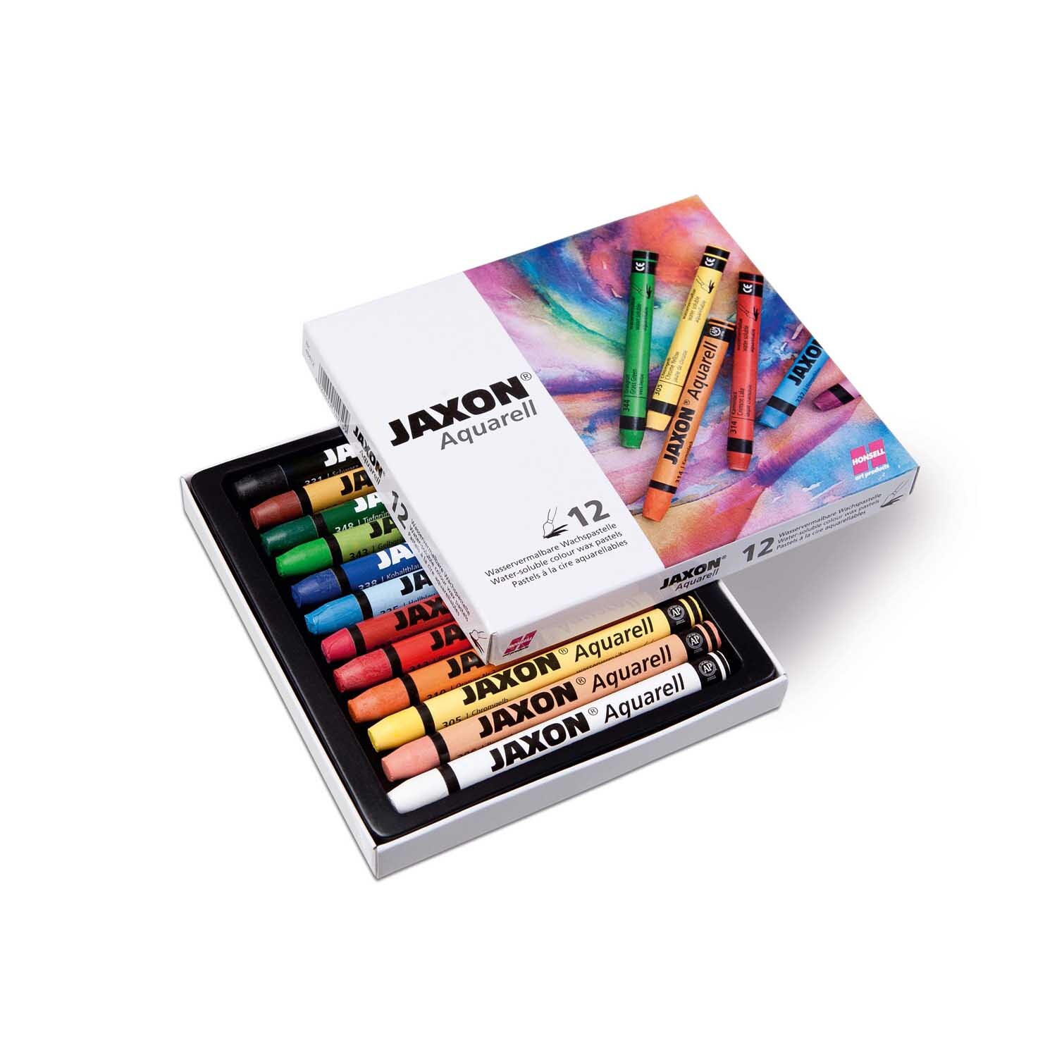 Aquarellkreide: 12-teiliges Set von Jaxon in einer offenen Schachtel, zeigt bunte Kreiden.