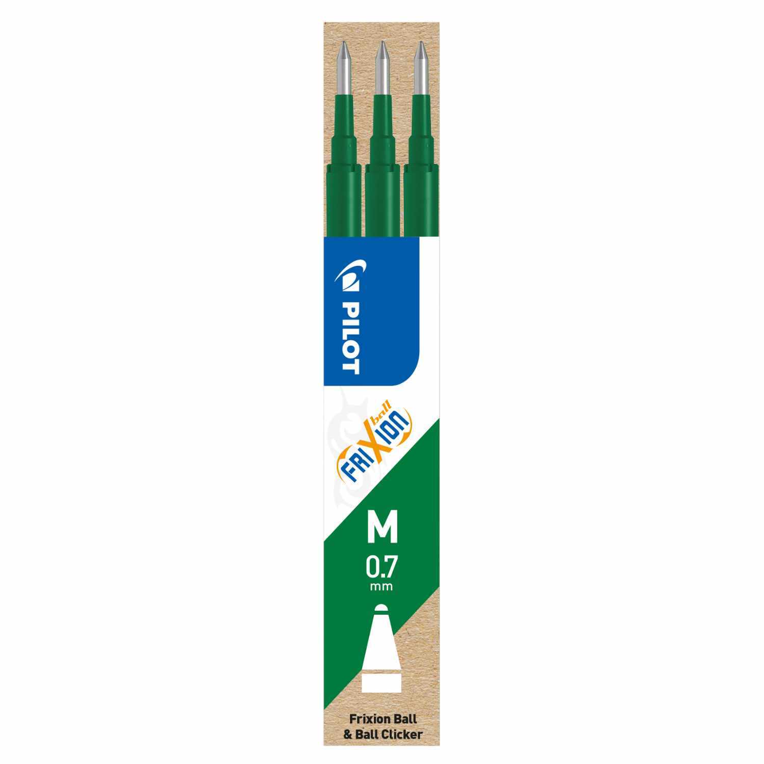 Frixion Ball Mine für Gelstifte, 3 Stück, grün, von PILOT. Verpackung zeigt drei Minen mit 0,7 mm Spitze.