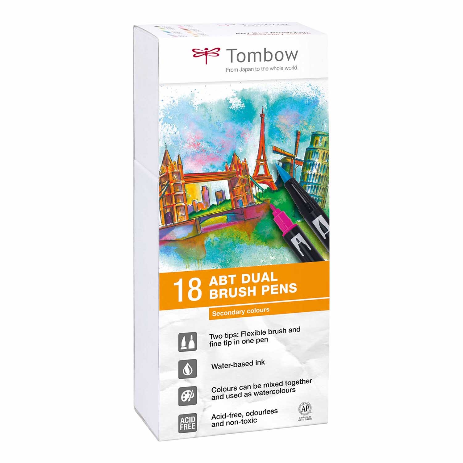 ABT Dual Brush Pen Sekundärfarben 18er Set von Tombow, mit flexibler Spitze, ideal für kreative Projekte. Verpackung zeigt bunte Stadtlandschaft.