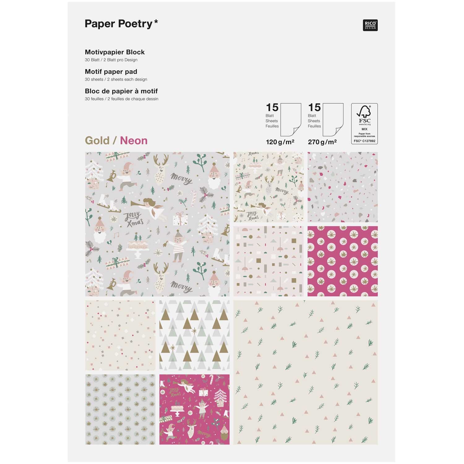 Paper Poetry Motivpapierblock Jolly Christmas pastell 30 Blatt von Rico Design