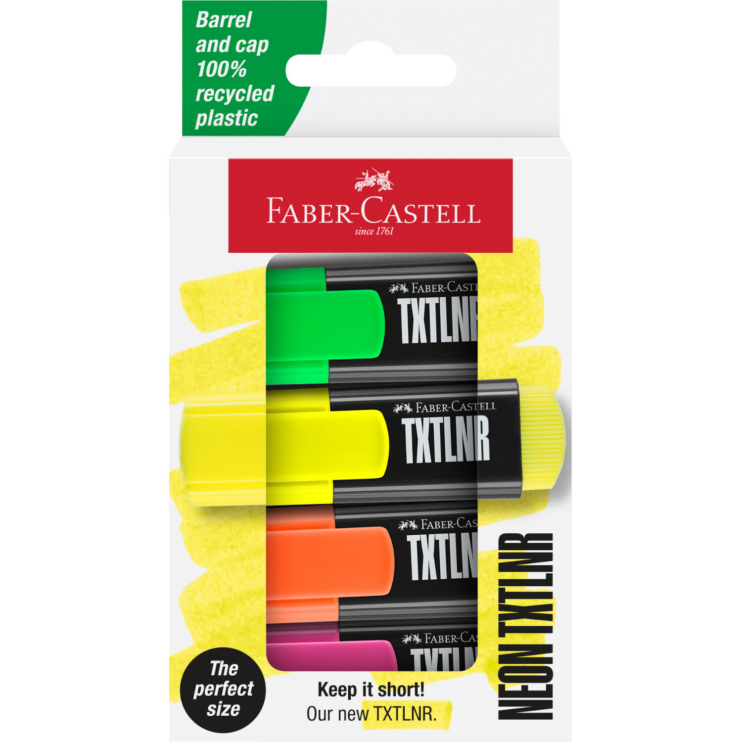 Textmarker TXTLNR Set, 4-teilig von Faber Castell, in Neonfarben, ideal für präzises Markieren.