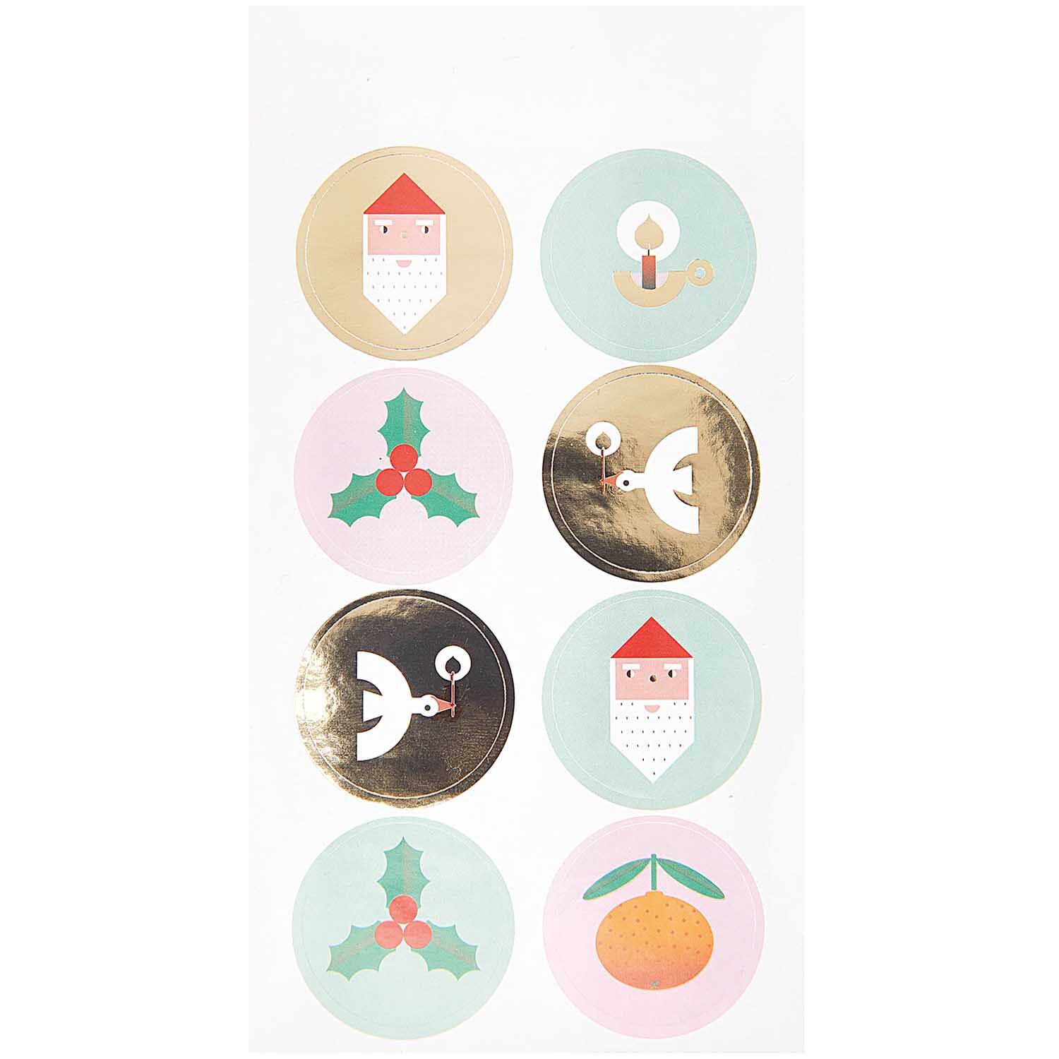 Paper Poetry Sticker Weihnachtsfiguren von Rico Design mit weihnachtlichen Motiven wie Santa, Kerze, Taube und Stechpalme auf bunten Hintergründen.