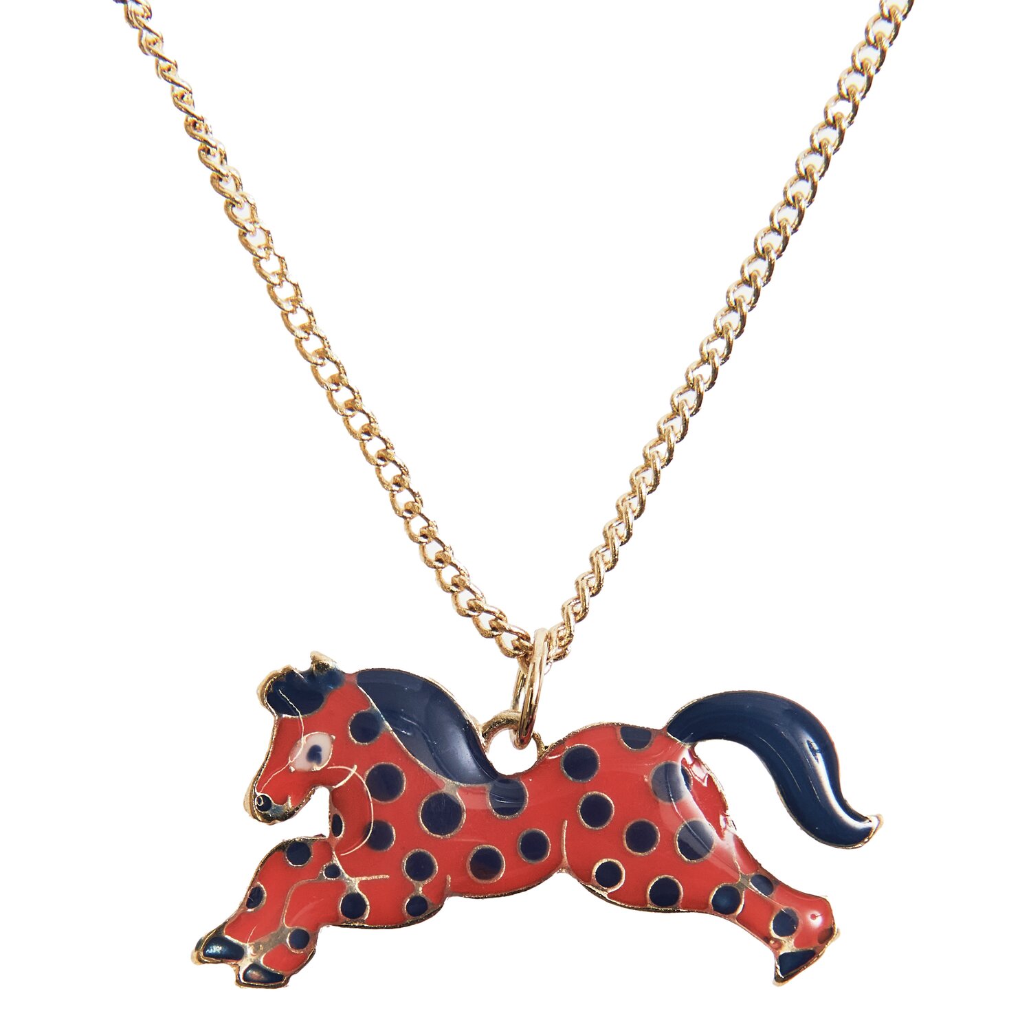 Kette mit Anhänger Pferd: Goldene Halskette mit einem rot-blau gepunkteten Pferdeanhänger, 40cm lang.