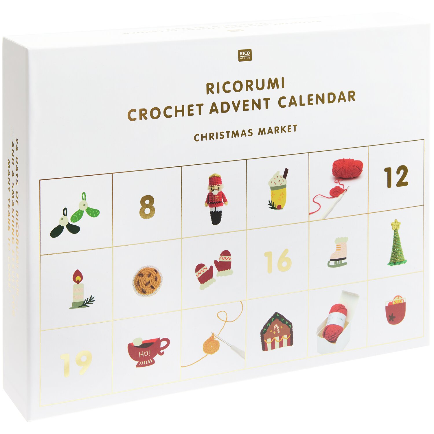 Ricorumi Adventskalender Weihnachtsmarkt zeigt 24 bunte Häkelprojekte in einer weißen Box.