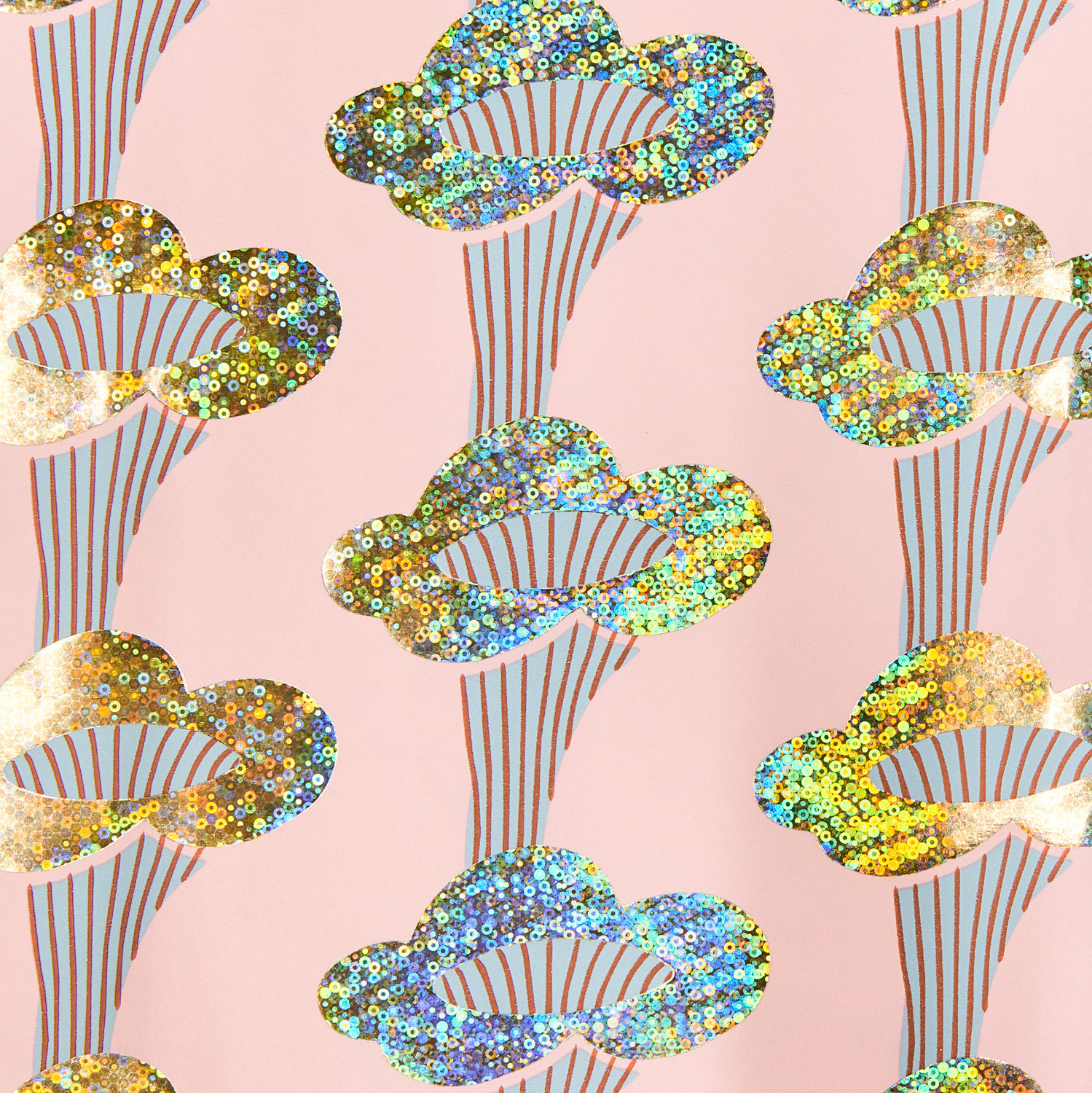 Geschenkpapier Pfifferlinge Rosa mit schimmernden Wolkenmuster von Rico Design, ideal für kreative Verpackungen.