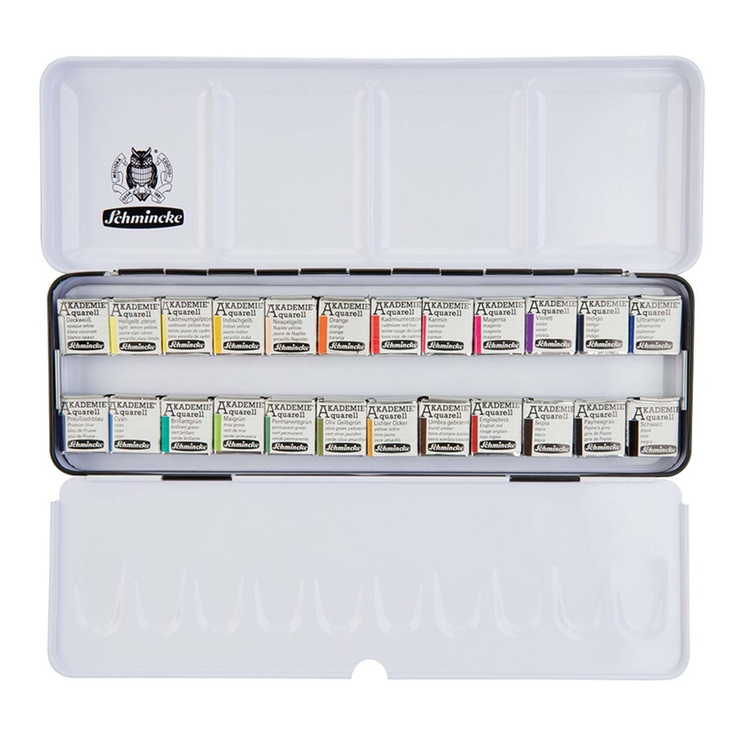 Akadamie Aquarellfarben Metallkasten mit 24 halben Näpfen von Schmincke, geöffnet und farbenfroh präsentiert.