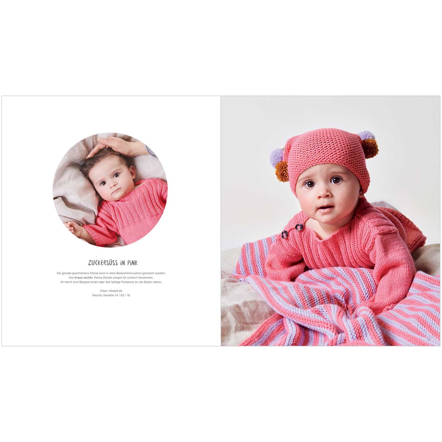Rico Baby Heft Nr.31 zeigt ein Baby in rosa Strickkleidung mit passender Mütze und Decke.