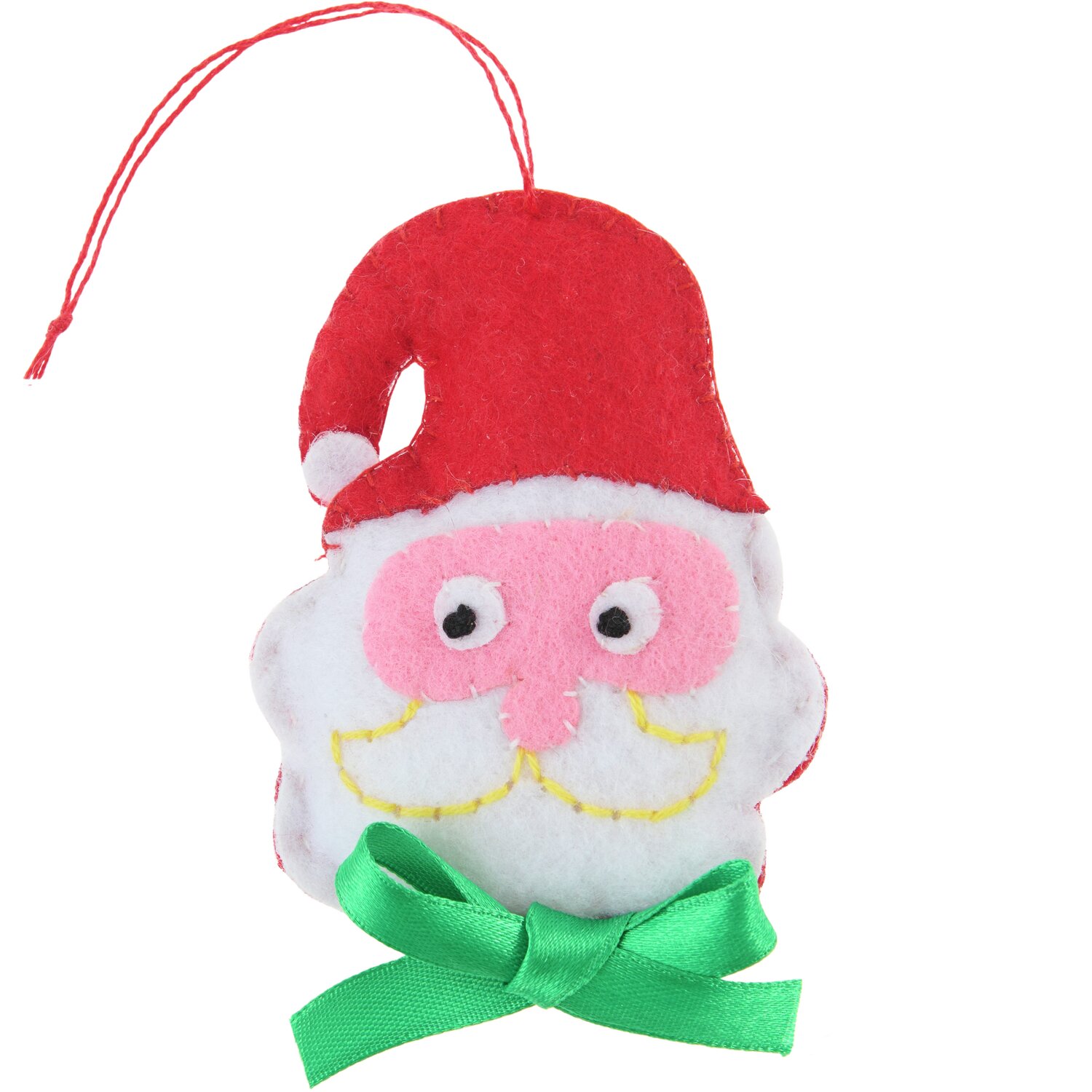 Aufhänger Filz-Santa mit Schleife Rot/Weiß, 8,5x5,8x2cm. Niedlicher Weihnachtsanhänger mit roter Mütze und grüner Schleife.