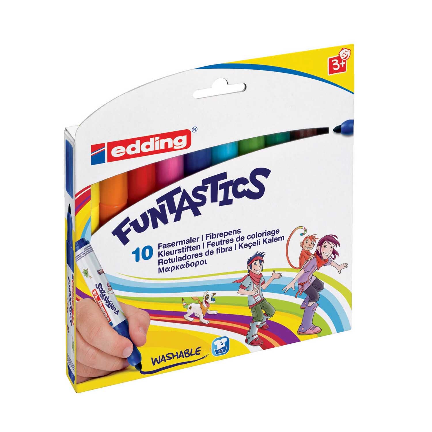Funtastic Filzstifte 10er Set von edding: Bunte Verpackung mit fröhlichen Kindern und Filzstiften. Ideal für kreative Kinder ab 3 Jahren.