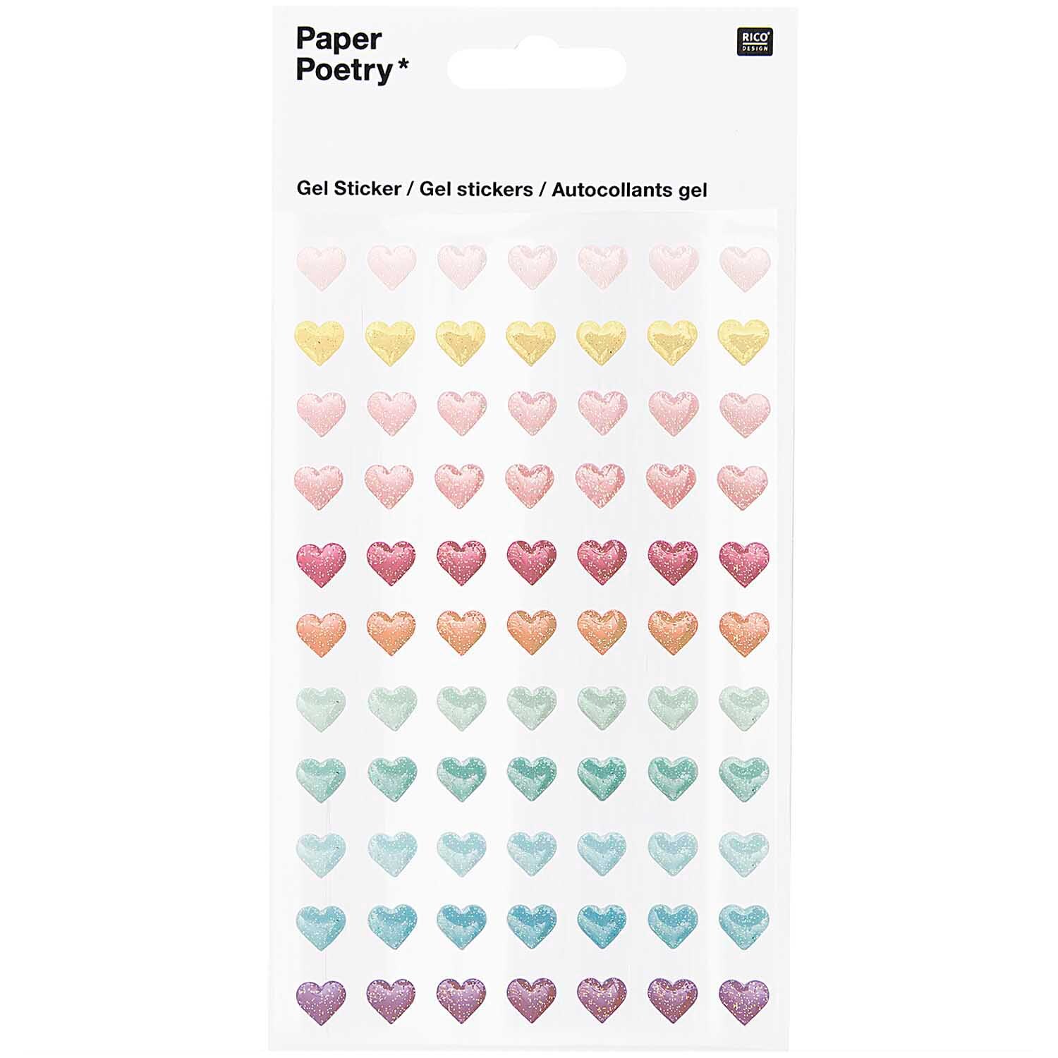 Paper Poetry Gelsticker Herzen Glitter zeigt bunte Herzsticker in Reihen, ideal für kreative Projekte.