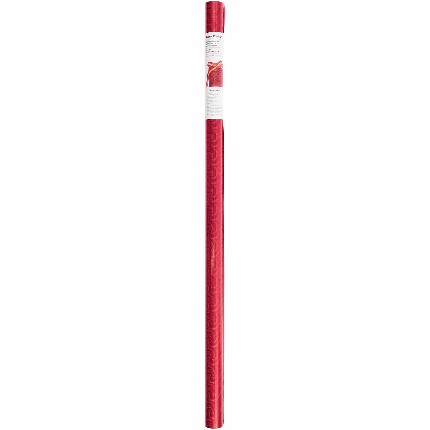 Rolle Geschenkpapier in Rot mit elegantem Muster, ideal für festliche Anlässe und Dekorationen.