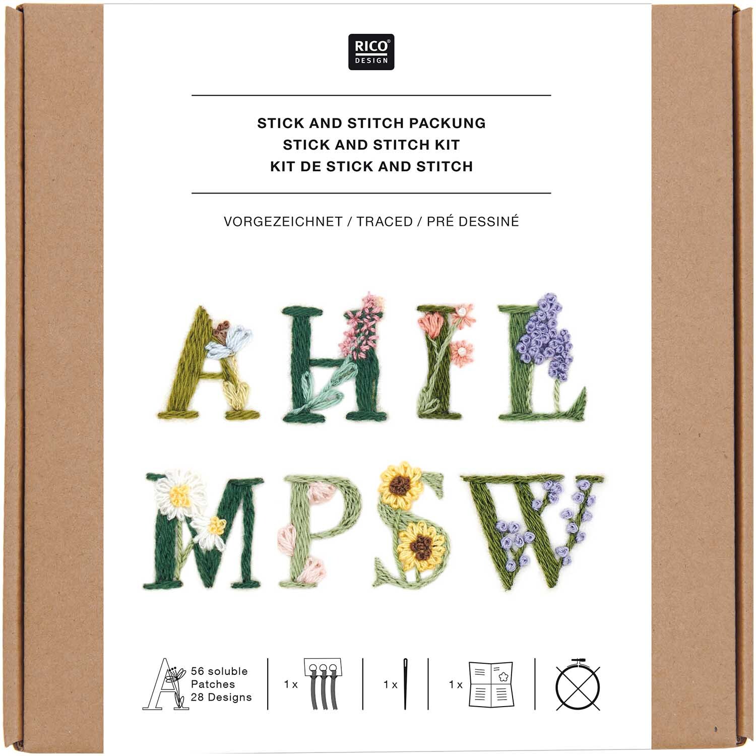 Stick and Stitch Stickpackung Blumenalphabet vorgezeichnet Bunt 56 Stück von Rico Design