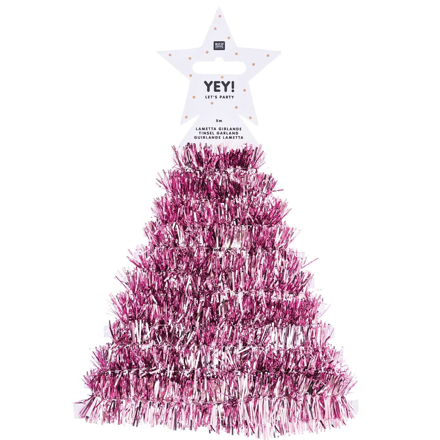 Girlande Lametta 5m in Rosa von Rico Design, geformt wie ein Weihnachtsbaum, ideal für festliche Dekorationen.