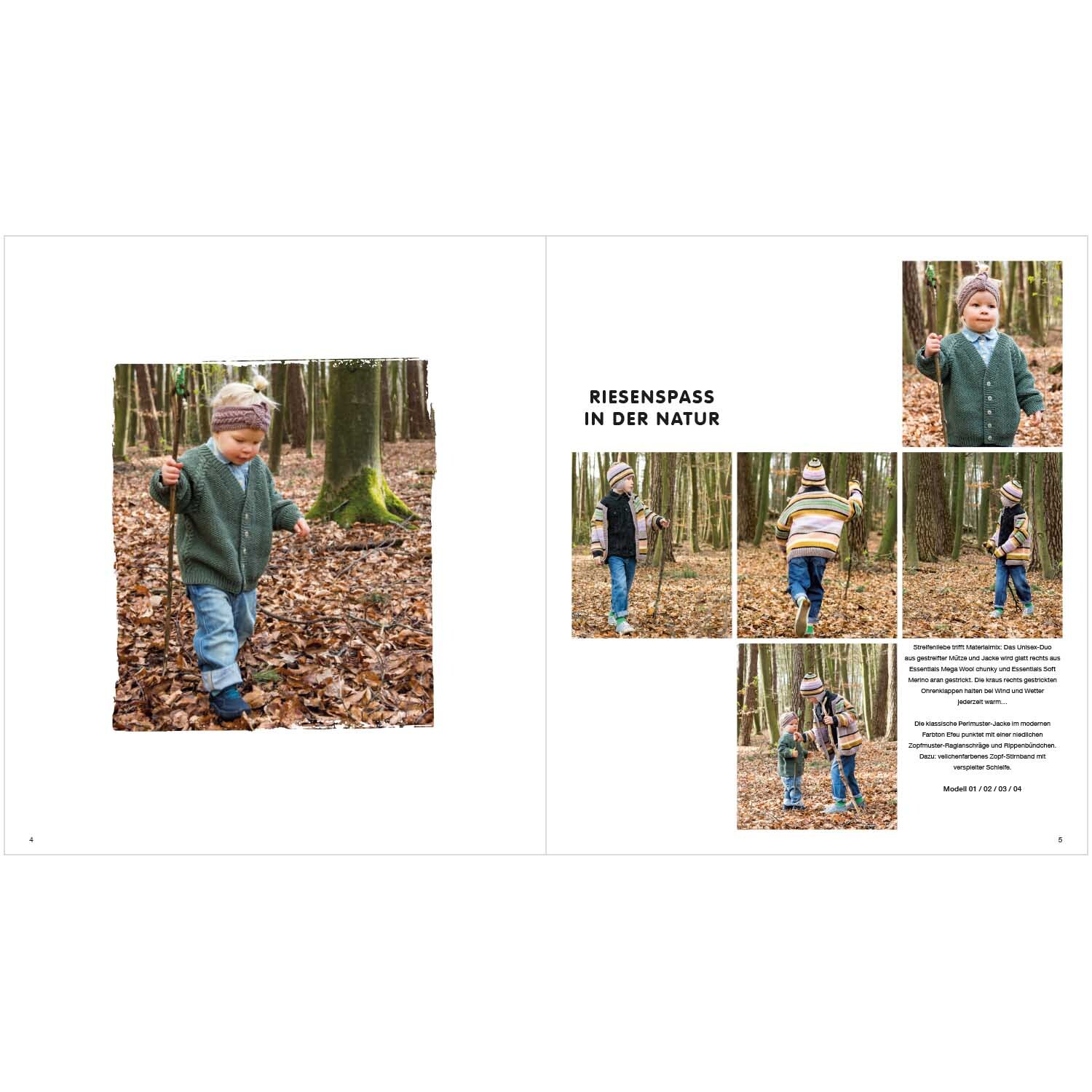 Kids Nr.8: Ein Kind im Wald trägt eine grüne Strickjacke von Rico Design, umgeben von Herbstlaub.