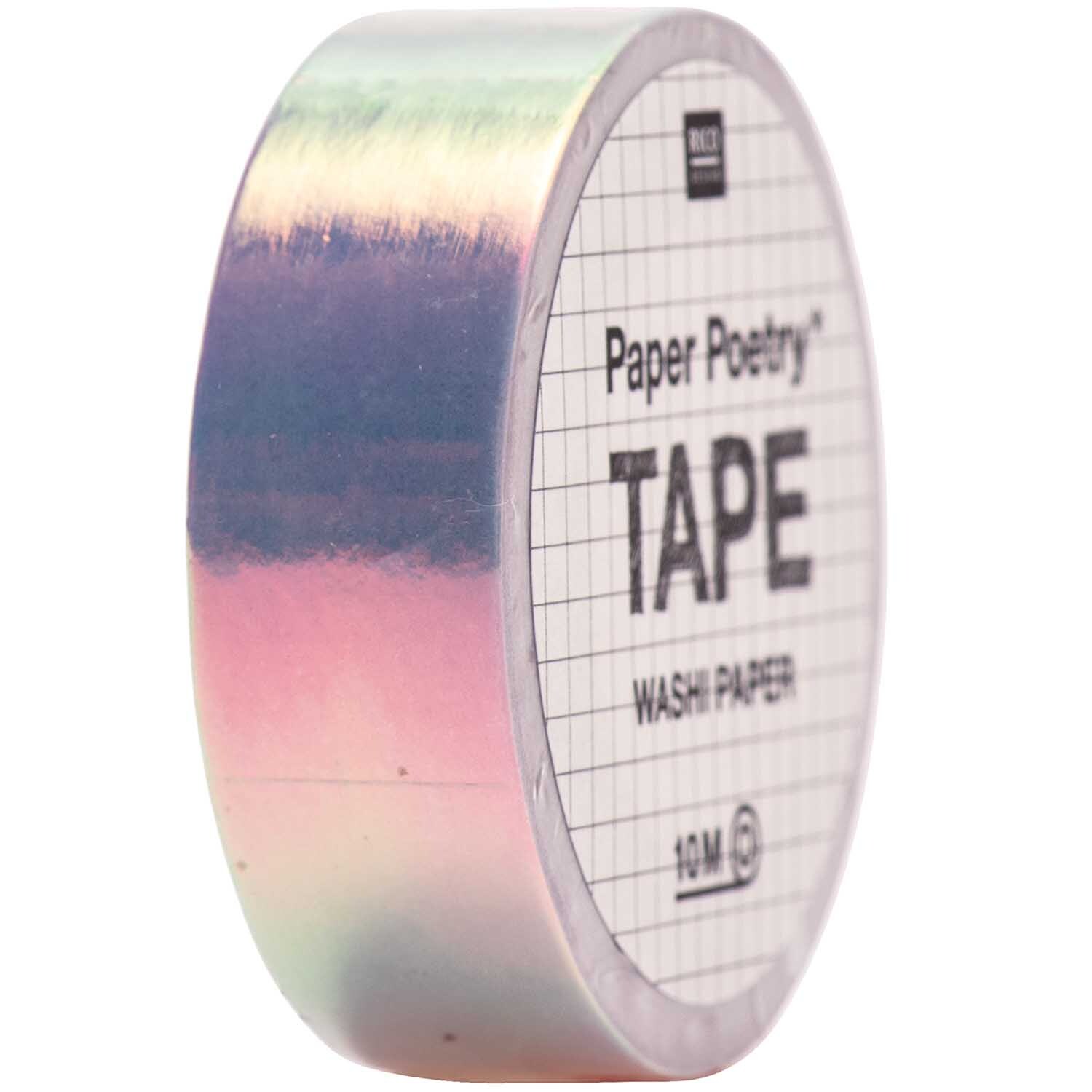 Paper Poetry Tape irisierend 15mm 10m von Rico Design in Flieder, schimmerndes Washi-Tape auf schwarzem Hintergrund.