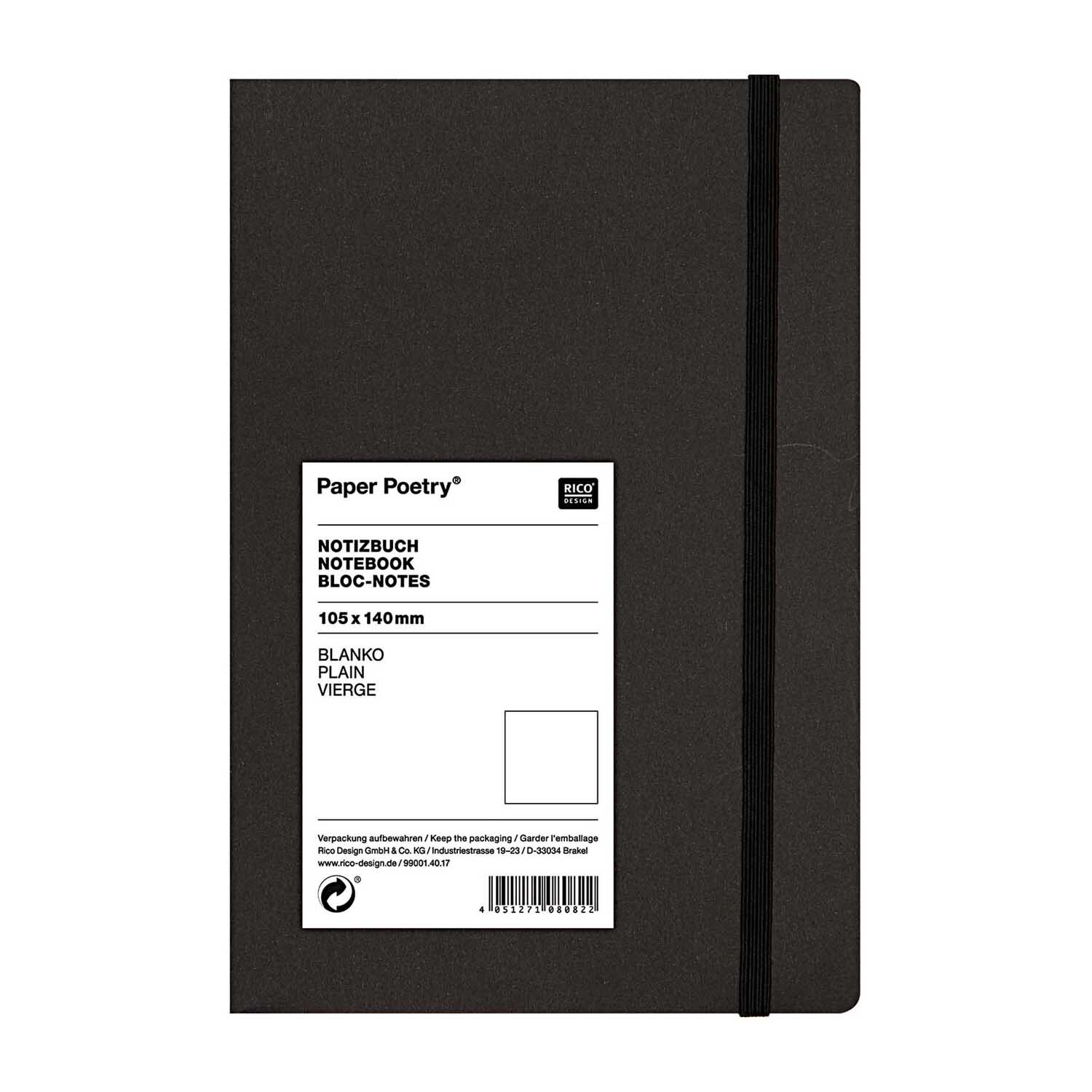Paper Poetry Notizbuch in A6 mit schwarzem Einband und elastischem Verschlussband. Ideal für Notizen und Skizzen. Marke: Rico Design.