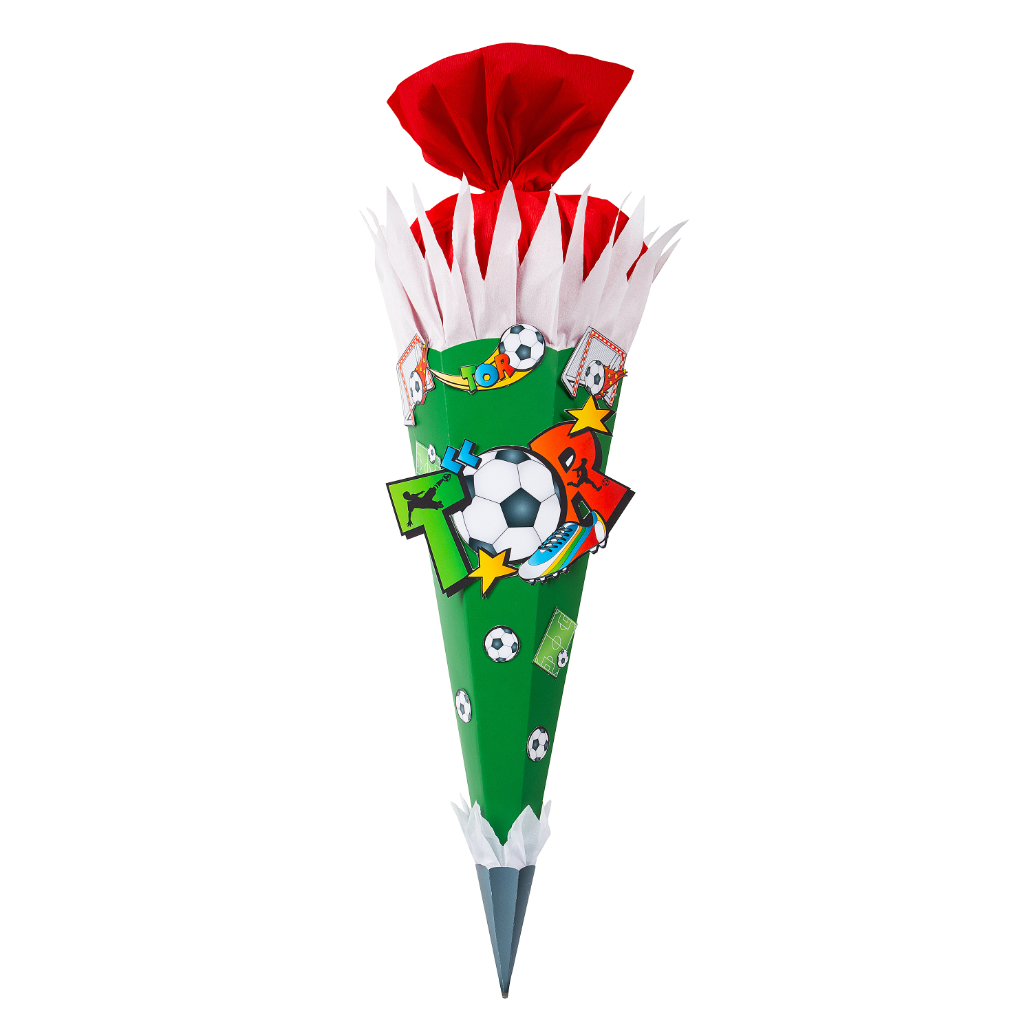 Schultüte Bastelset Tor, 70cm, mit Fußballmotiven auf grünem Hintergrund und rotem Verschluss. Ideal für den Schulanfang.