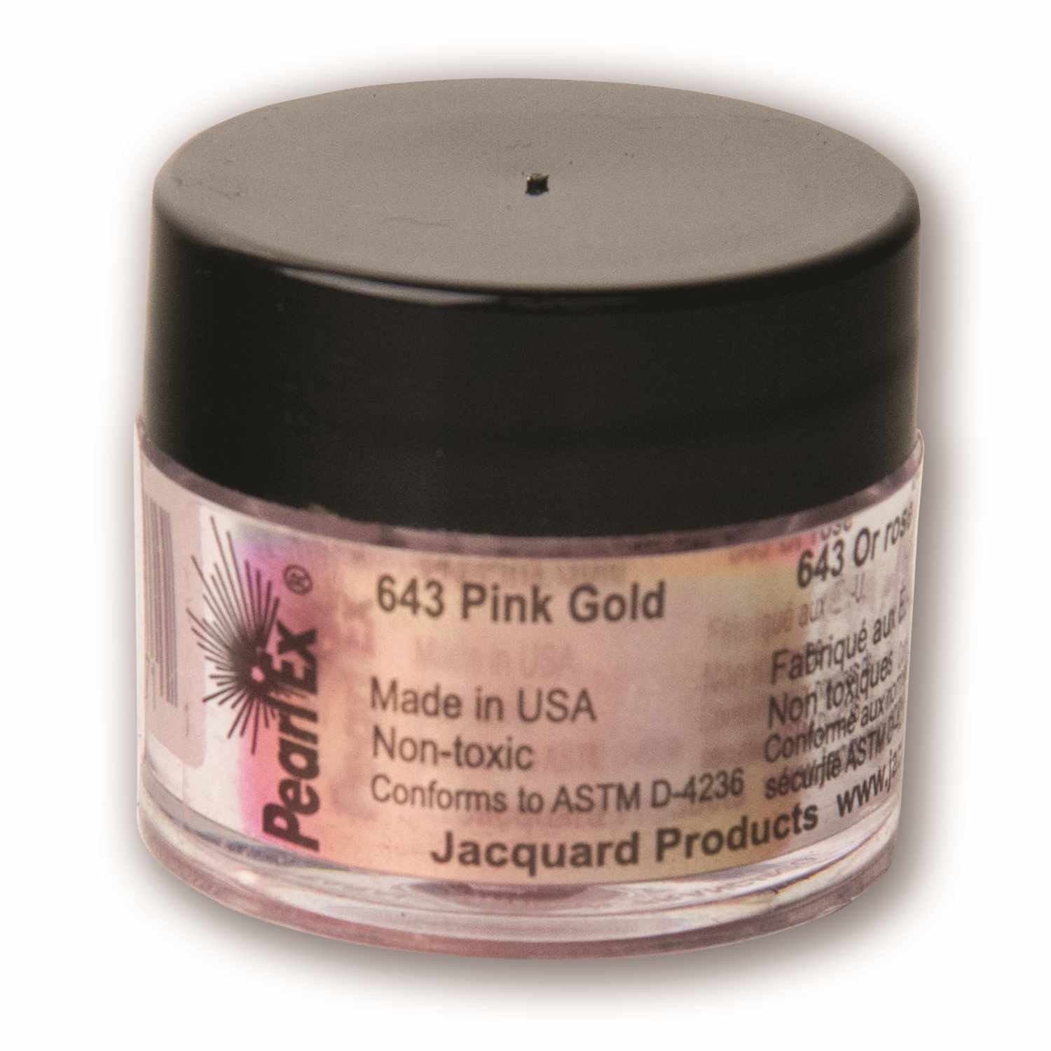 Pearl Ex Powdered Pigments 3g, Pink Gold, in einem transparenten Behälter mit schwarzem Deckel von JACQUARD.