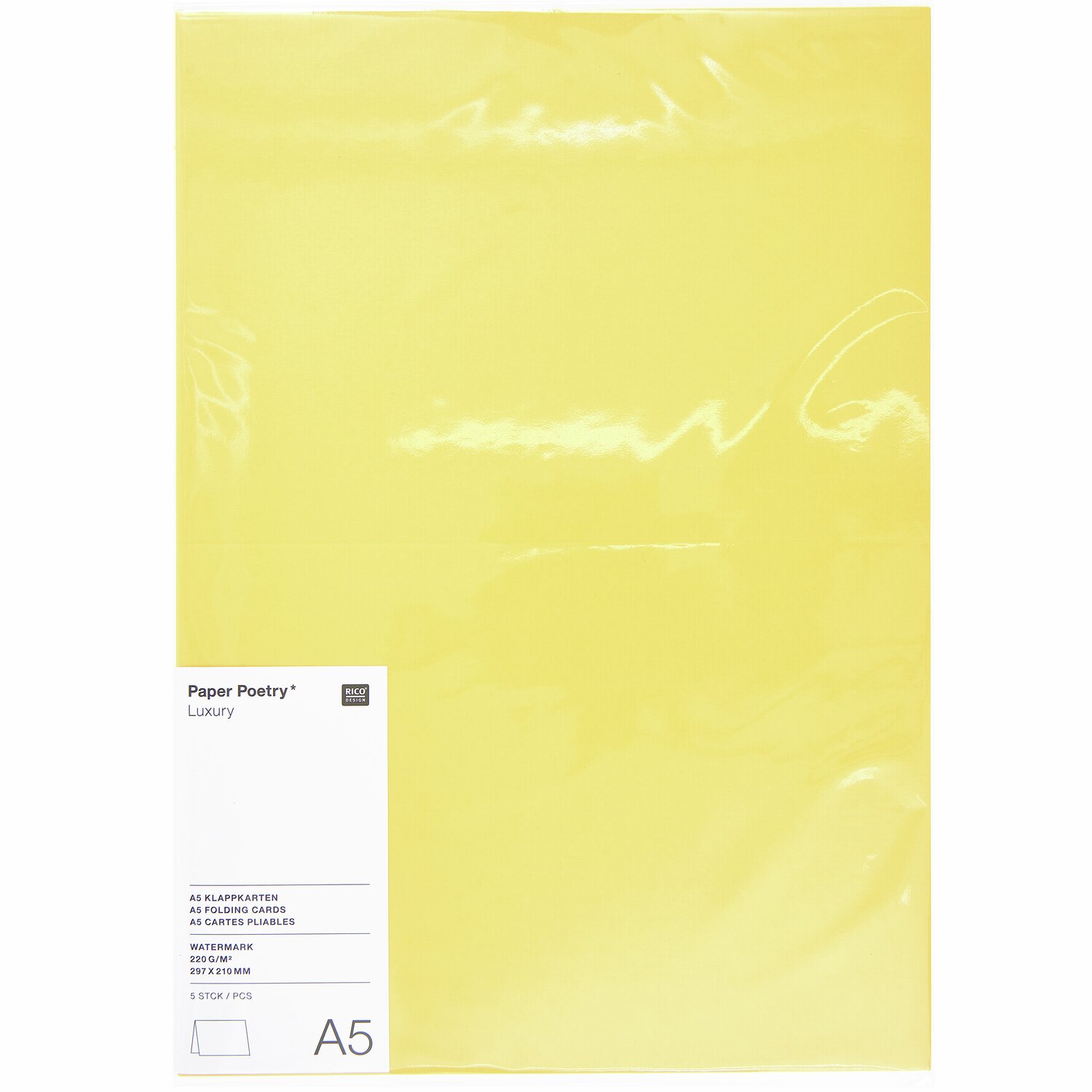 Paper Poetry Luxury Karten A5, 5 gelbe Karten von Rico Design in A5-Größe, ideal für kreative Projekte.
