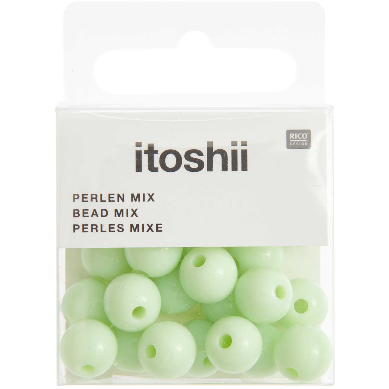 Itoshii Kunststoffperlen 10mm, 24 Stück in hellgrün von Rico Design, in einer transparenten Verpackung.