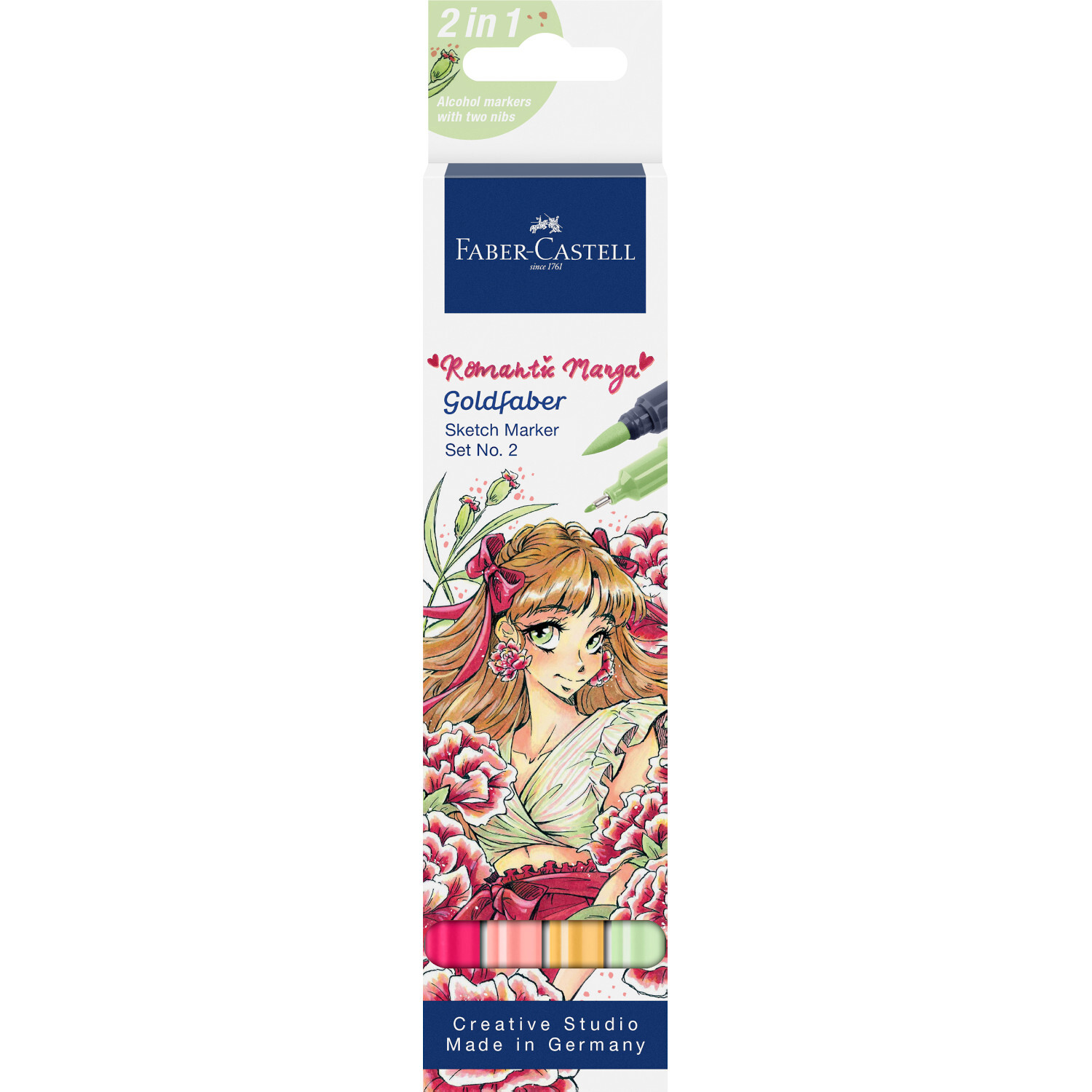 Goldfaber Sketch Marker Romantic Manga 2 Set mit vier farbenfrohen Stiften von Faber Castell, ideal für kreative Manga-Zeichnungen.