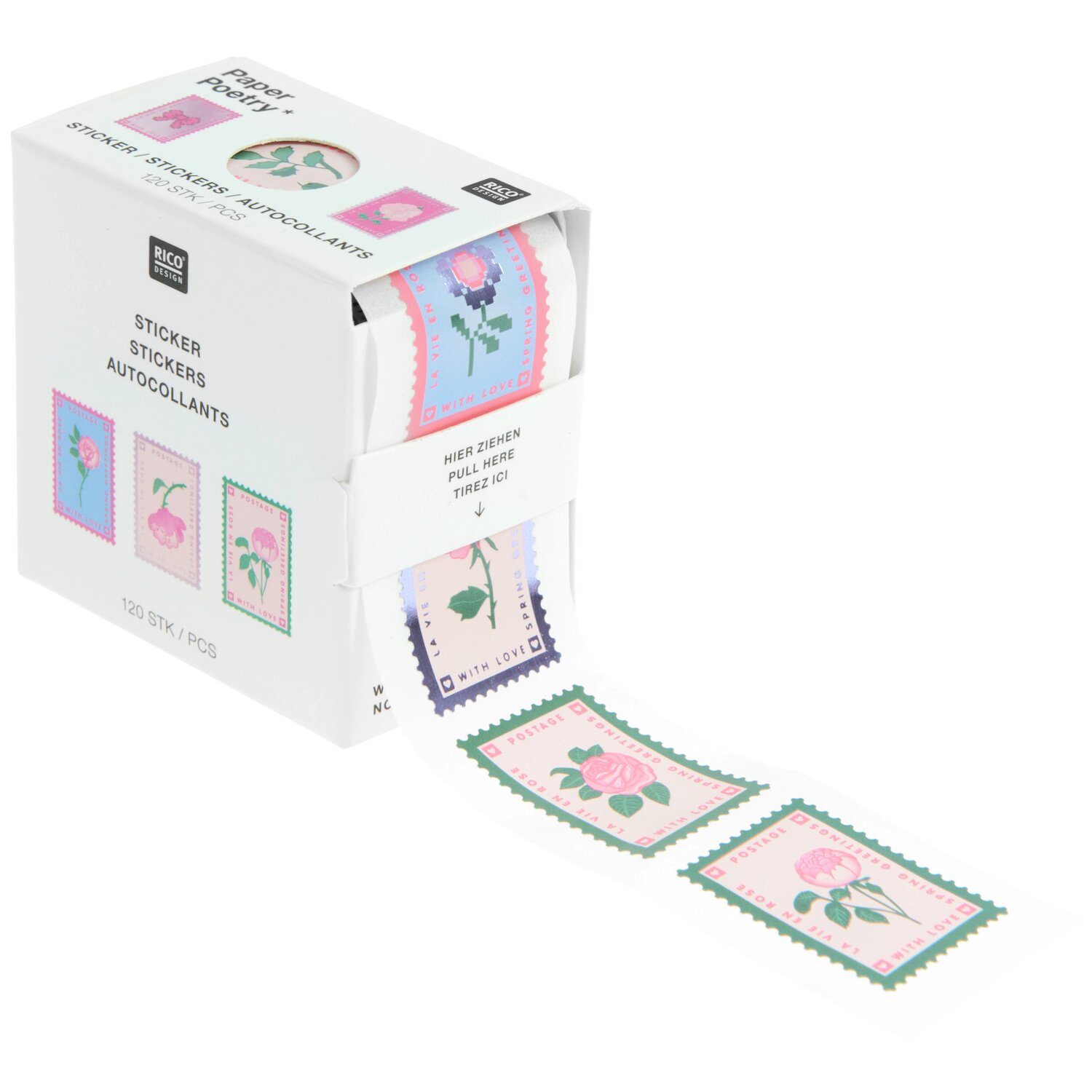 Paper Poetry Mini-Sticker La Vie en Rose Briefmarken, 120 Stück, in Rosa und Blau, ideal für kreative Projekte und Dekorationen.