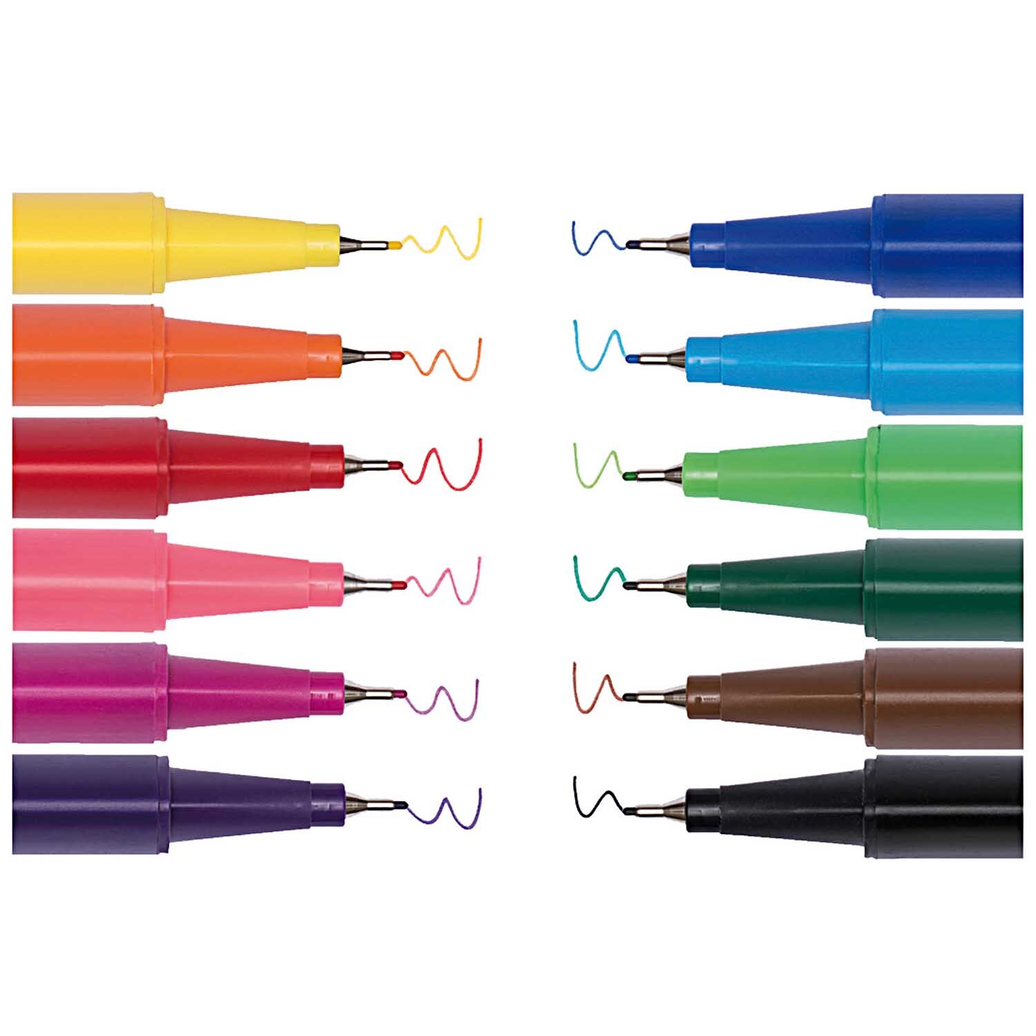 Paper Poetry Fineliner 0,7mm 12 Stück in verschiedenen Farben von Rico Design, aufgereiht in zwei Reihen.
