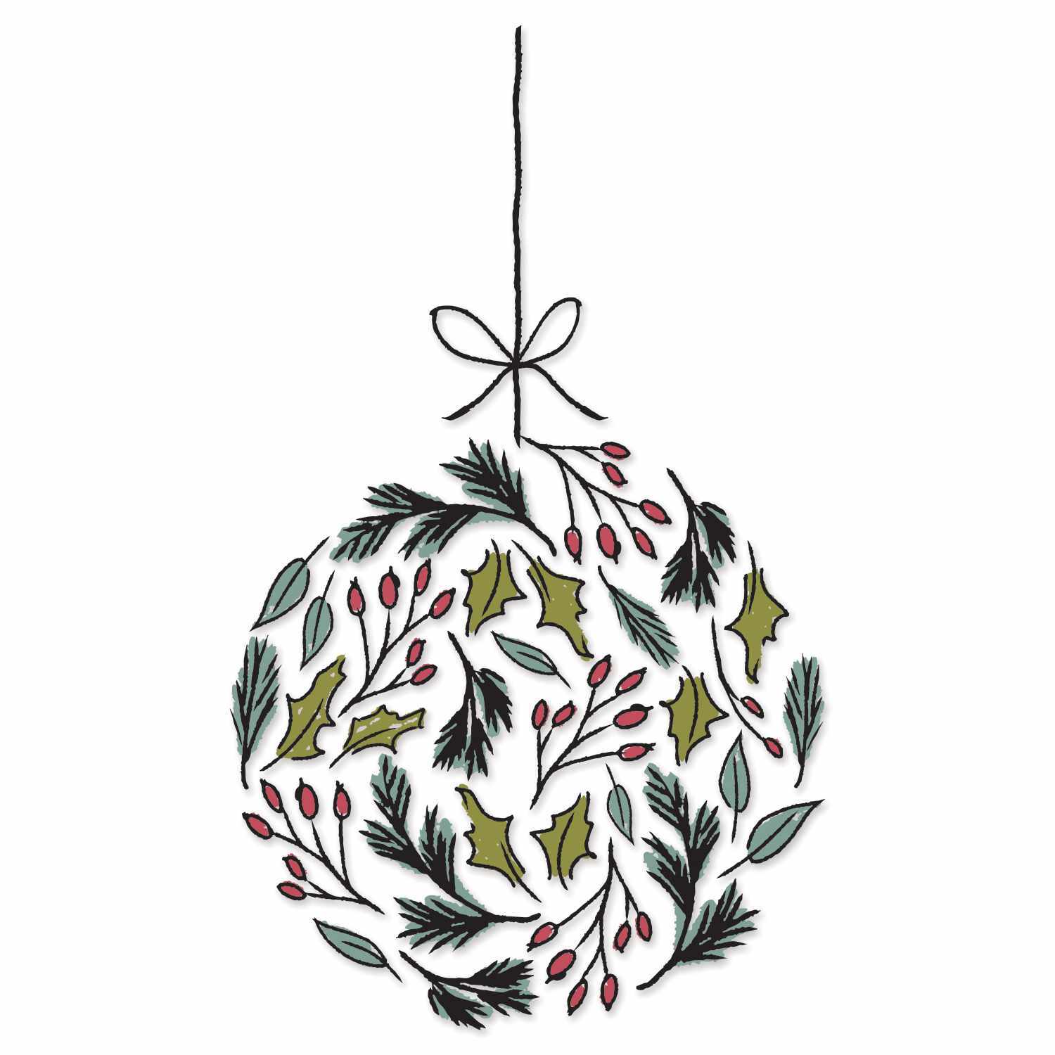 Layered Clear Stamps Leafy Ornament zeigt ein rundes, hängendes Ornament mit grünen Blättern und roten Beeren. Ideal für kreative Projekte.