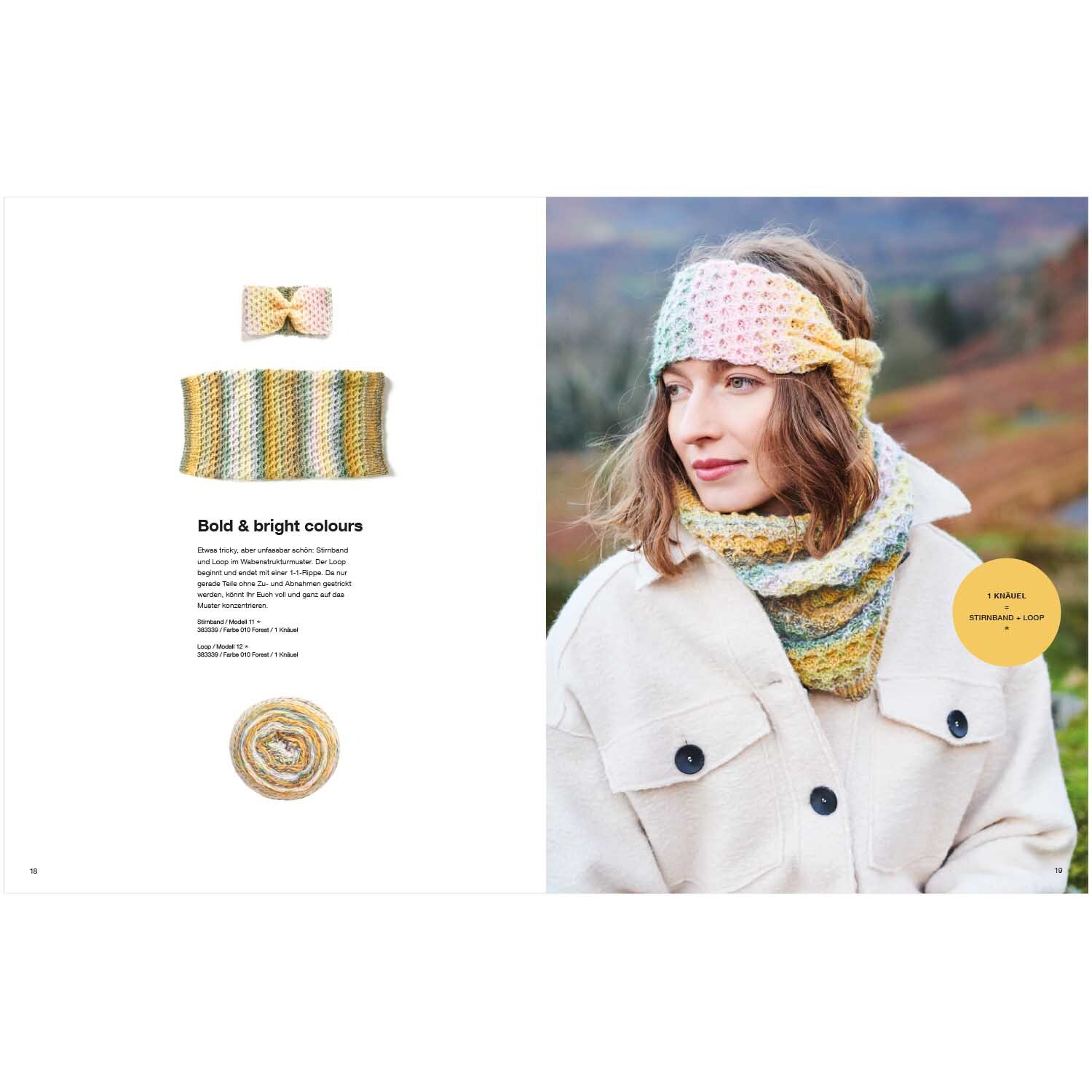 Creative Chic Unique dk Special: Frau trägt gestricktes Stirnband und Schal in Pastellfarben von Rico Design in herbstlicher Landschaft.