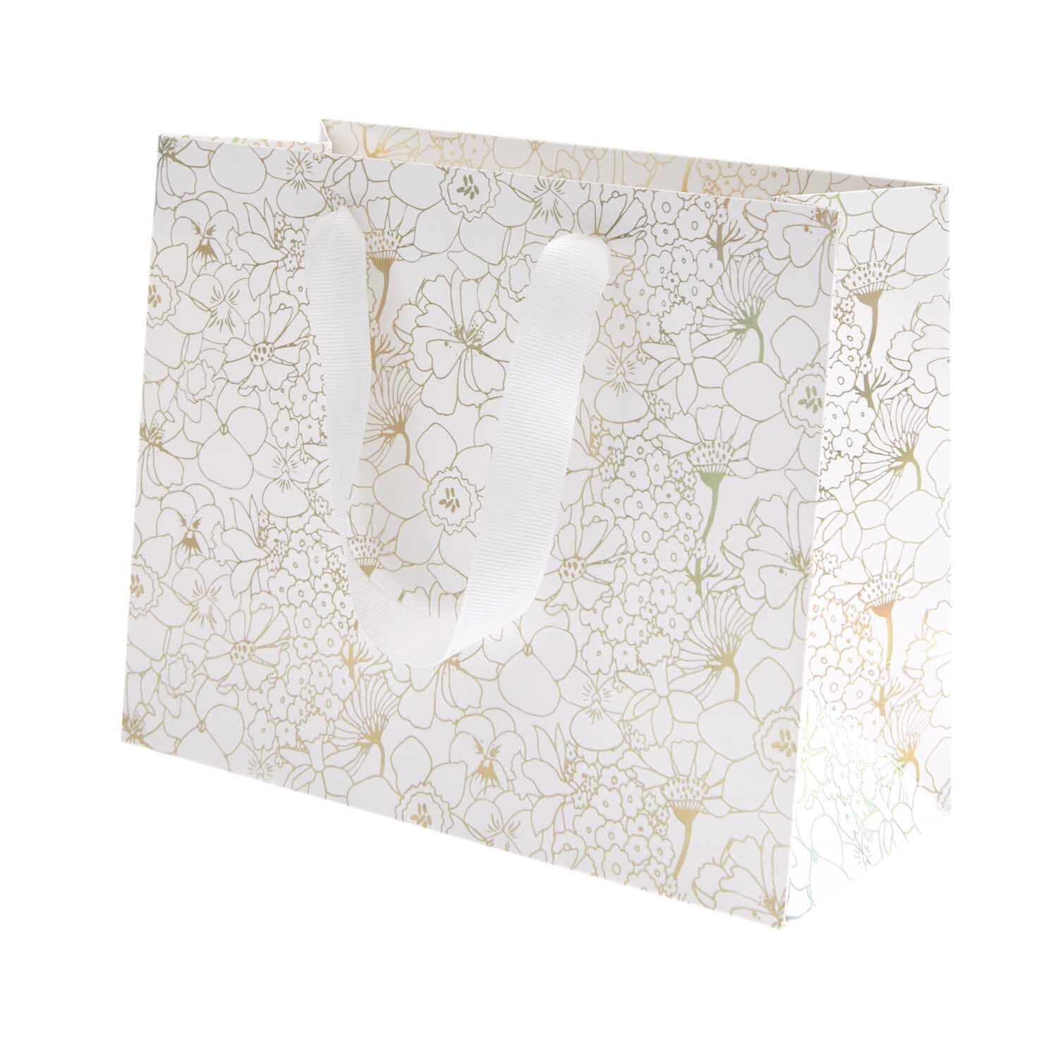 Geschenktüte Blumen Weiß/Gold mit floralem Muster, 22x18x10cm, ideal für stilvolle Geschenke.
