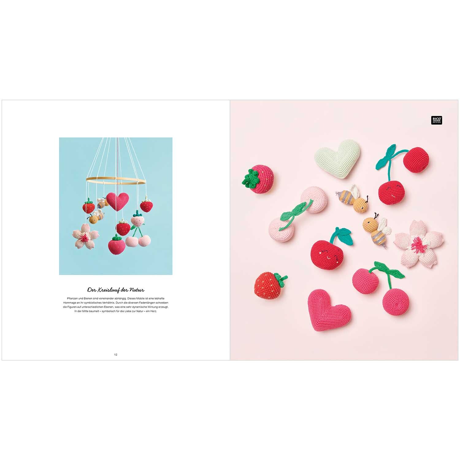 Ricorumi Just Bees + Fruits + Flowers deutsch: Bunte Häkelmotive von Rico Design, darunter Bienen, Früchte und Blumen auf hellem Hintergrund.