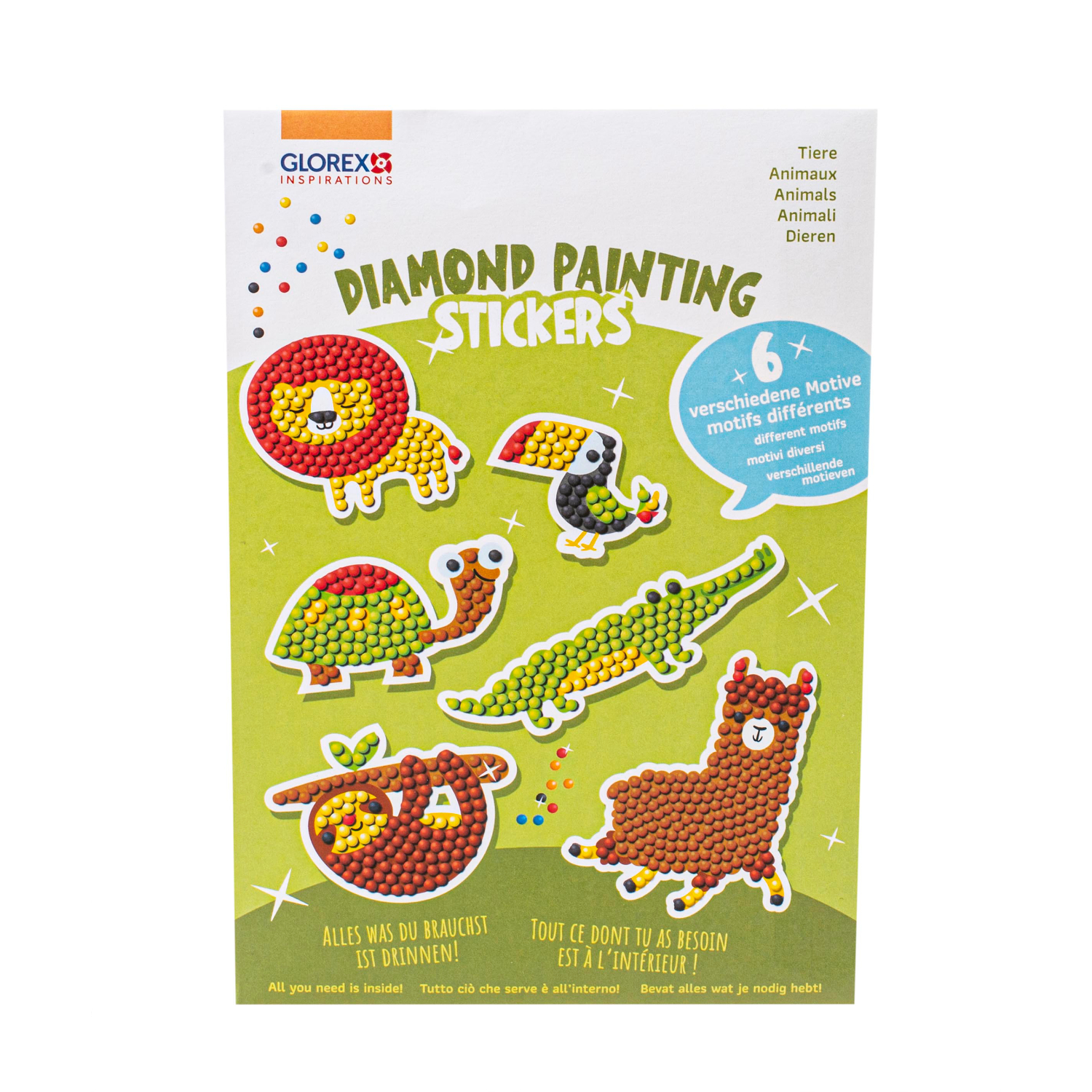 Diamond Painting Sticker Tiere von Glorex zeigt bunte Tiermotive wie Löwe, Schildkröte und Krokodil auf grünem Hintergrund.
