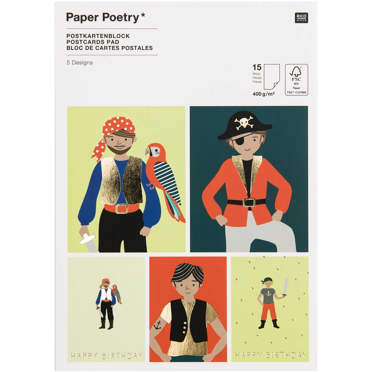 Paper Poetry Postkartenblock Pirat mit 15 Karten zeigt bunte Piratenmotive von Rico Design. Ideal für Geburtstagsgrüße.