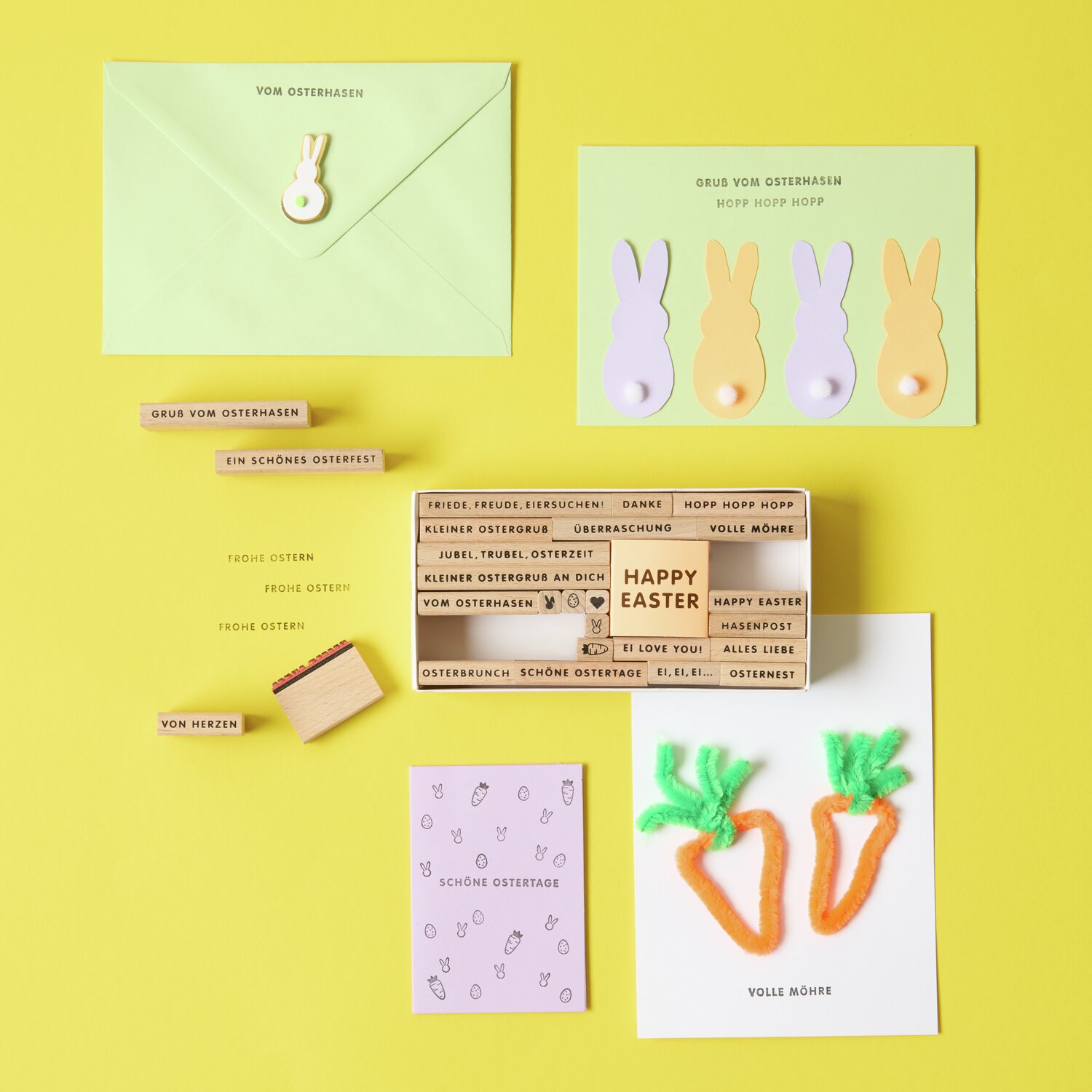 Paper Poetry Stempelset Frohe Ostern, 27-teilig, von Rico Design, zeigt verschiedene Osterdesigns. Perfekt für kreative Bastelprojekte.