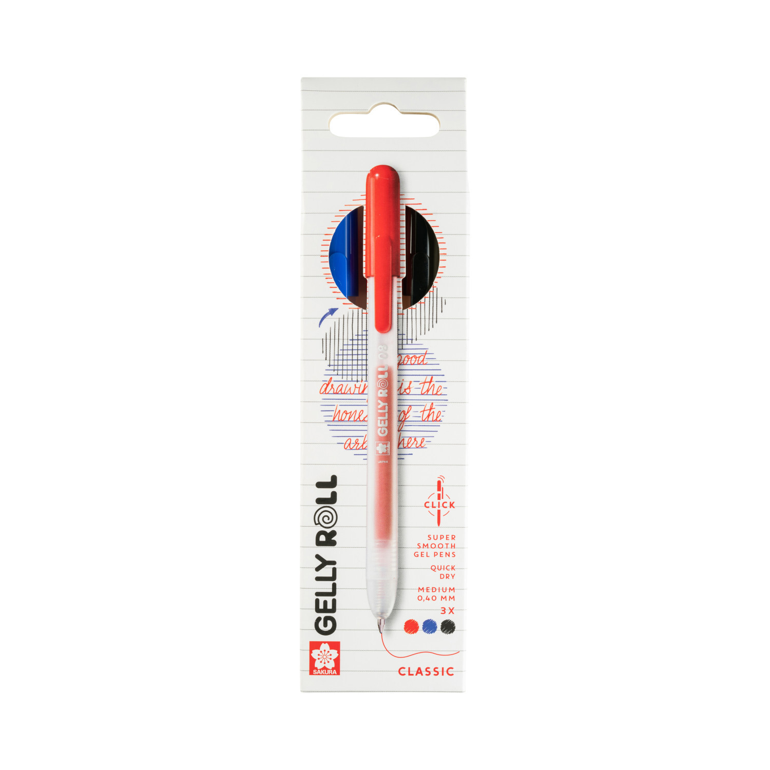 Gelly Roll Retractable Set Classic, 3 Stück, in Verpackung mit rotem Stift von SAKURA. Ideal für kreative Projekte.