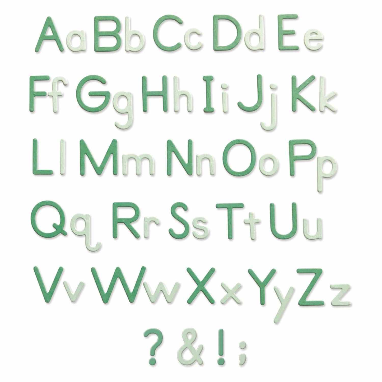 Thinlits Die Set Essential Type zeigt grüne und weiße Buchstaben und Satzzeichen von A bis Z. Ideal für kreative Projekte.