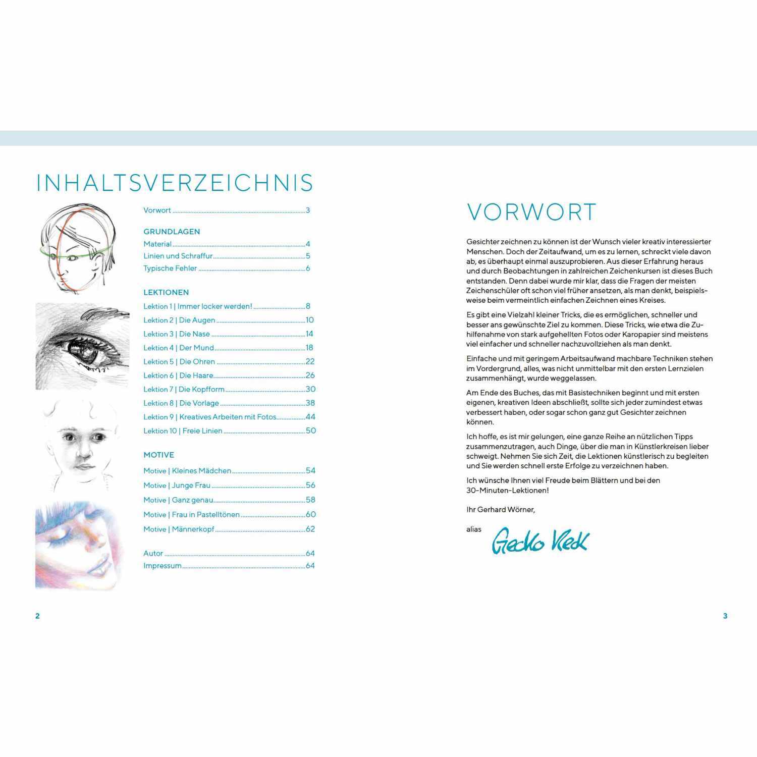 Gesichter Zeichnen - Schnelles Wissen in 30 Minuten: Inhaltsverzeichnis und Vorwort mit Illustrationen und Texten.